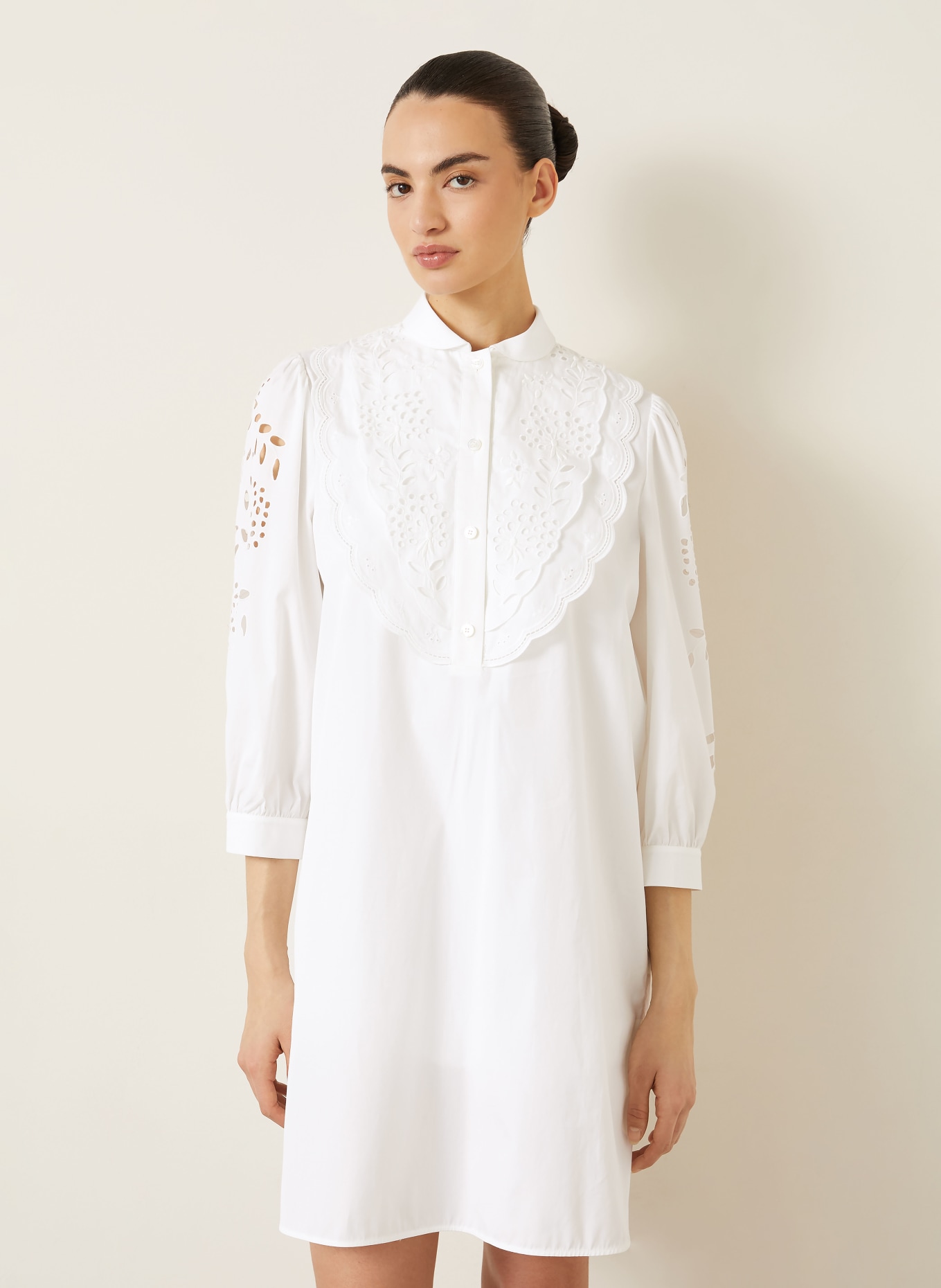 VALENTINO Šaty s prolamovanou krajkou a 3/4 rukávy: BÍLÁ