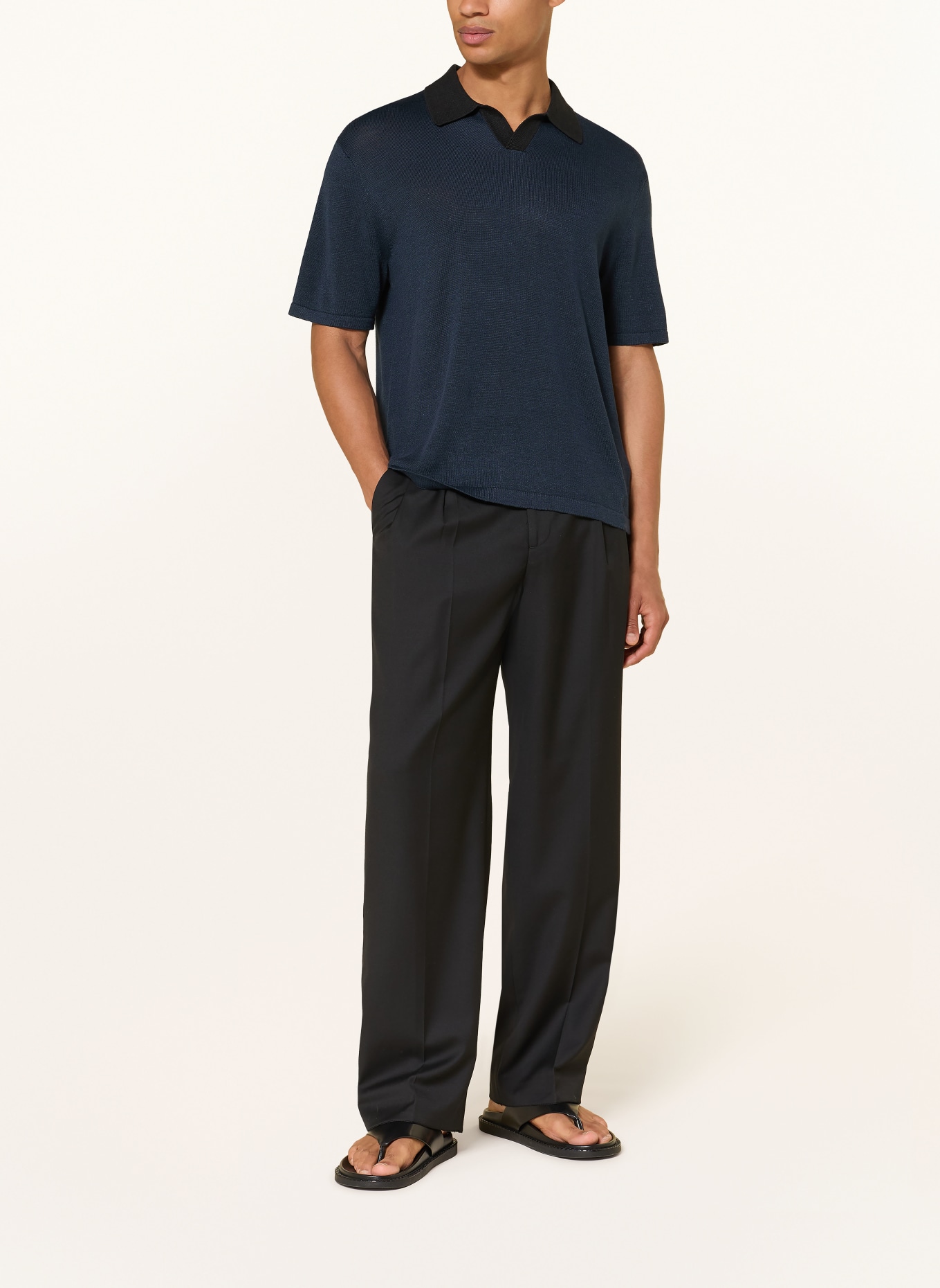 Calvin Klein Pletené polo tričko s lnem: TMAVĚ MODRÁ / ČERNÁ