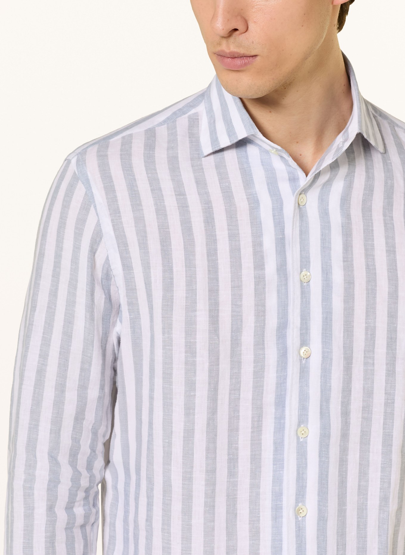 PROFUOMO Koszula lniana o kroju slim fit: SZARONIEBIESKI / BIAŁY