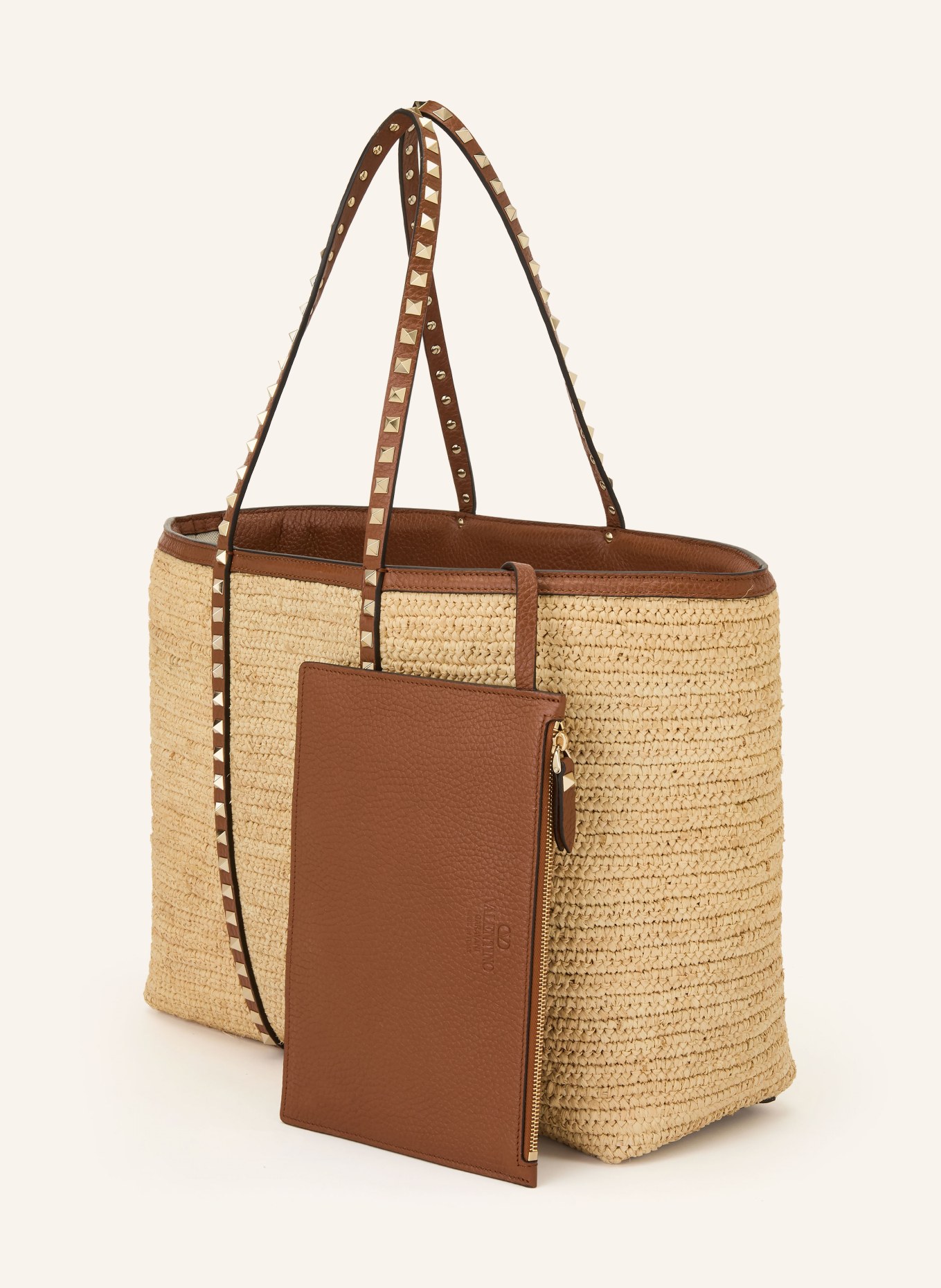 VALENTINO GARAVANI Shopper ROCKSTUD mit Pouch und Nieten: HELLBRAUN / GOLD / BRAUN