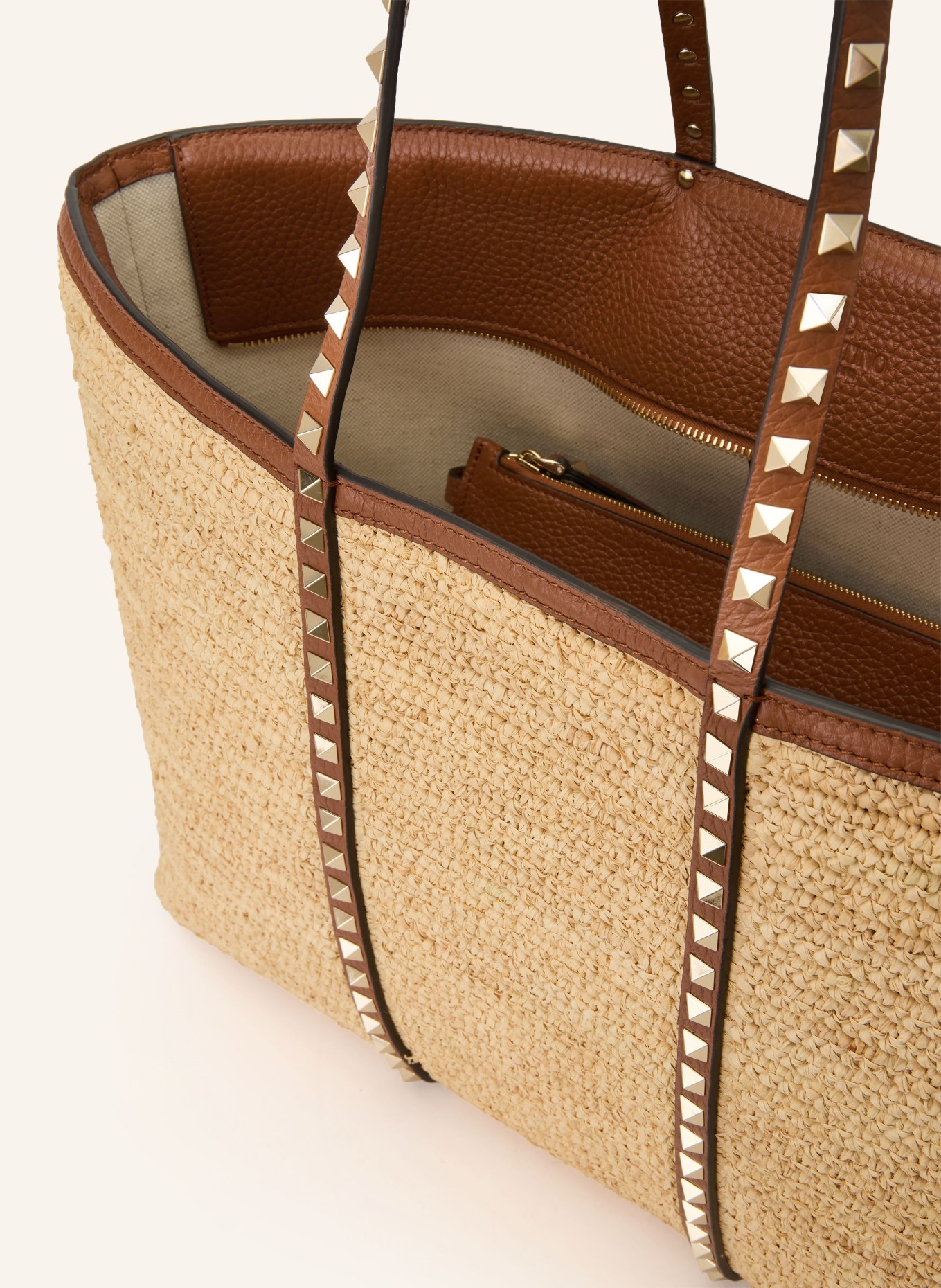 VALENTINO GARAVANI Shopper ROCKSTUD mit Pouch und Nieten: HELLBRAUN / GOLD / BRAUN