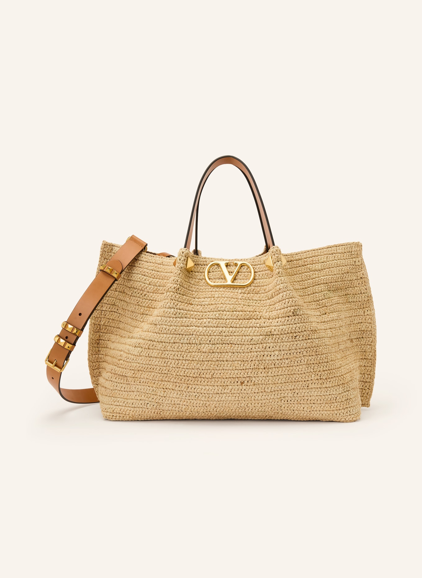 VALENTINO GARAVANI Shopper VLOGO SIGNATURE MEDIUM mit Pouch: HELLBRAUN / GOLD / COGNAC