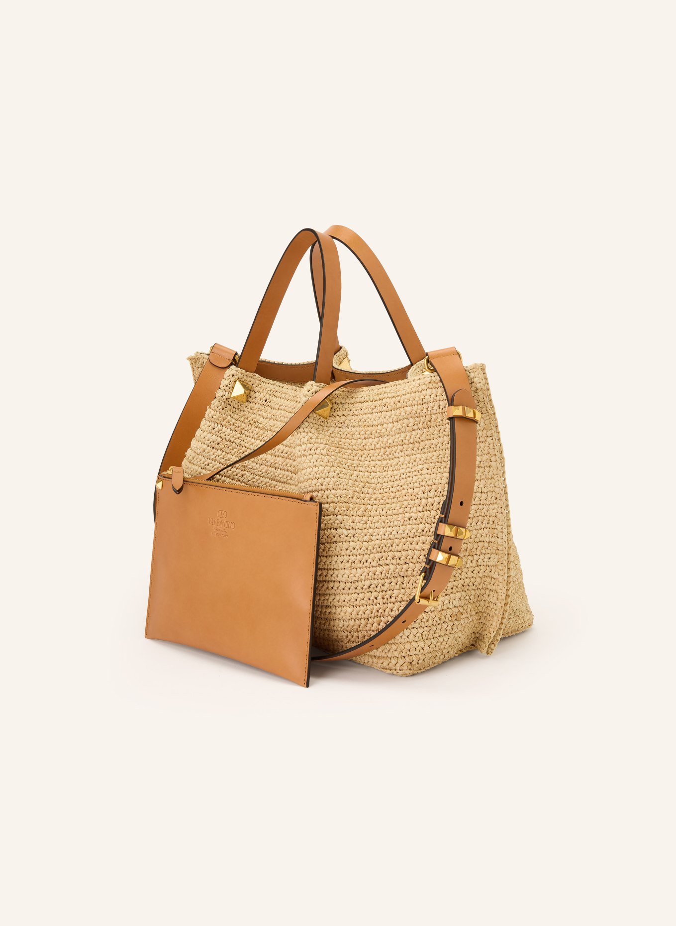 VALENTINO GARAVANI Shopper VLOGO SIGNATURE MEDIUM mit Pouch: HELLBRAUN / GOLD / COGNAC