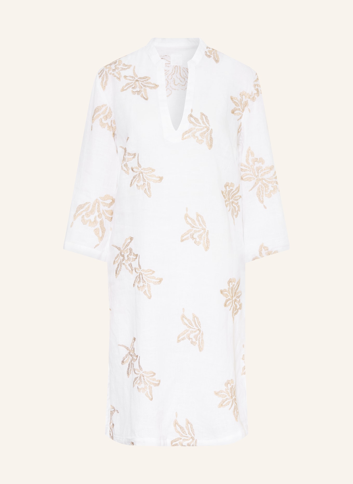 120%lino Strandkleid aus Leinen mit 3/4-Arm: WEISS / GOLD