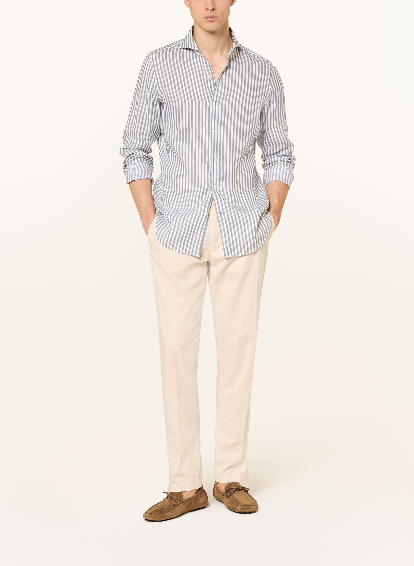 FINAMORE 1925 Koszula TOKYO SERGIO Slim Fit z lnu: OLIWKOWY / BIAŁY