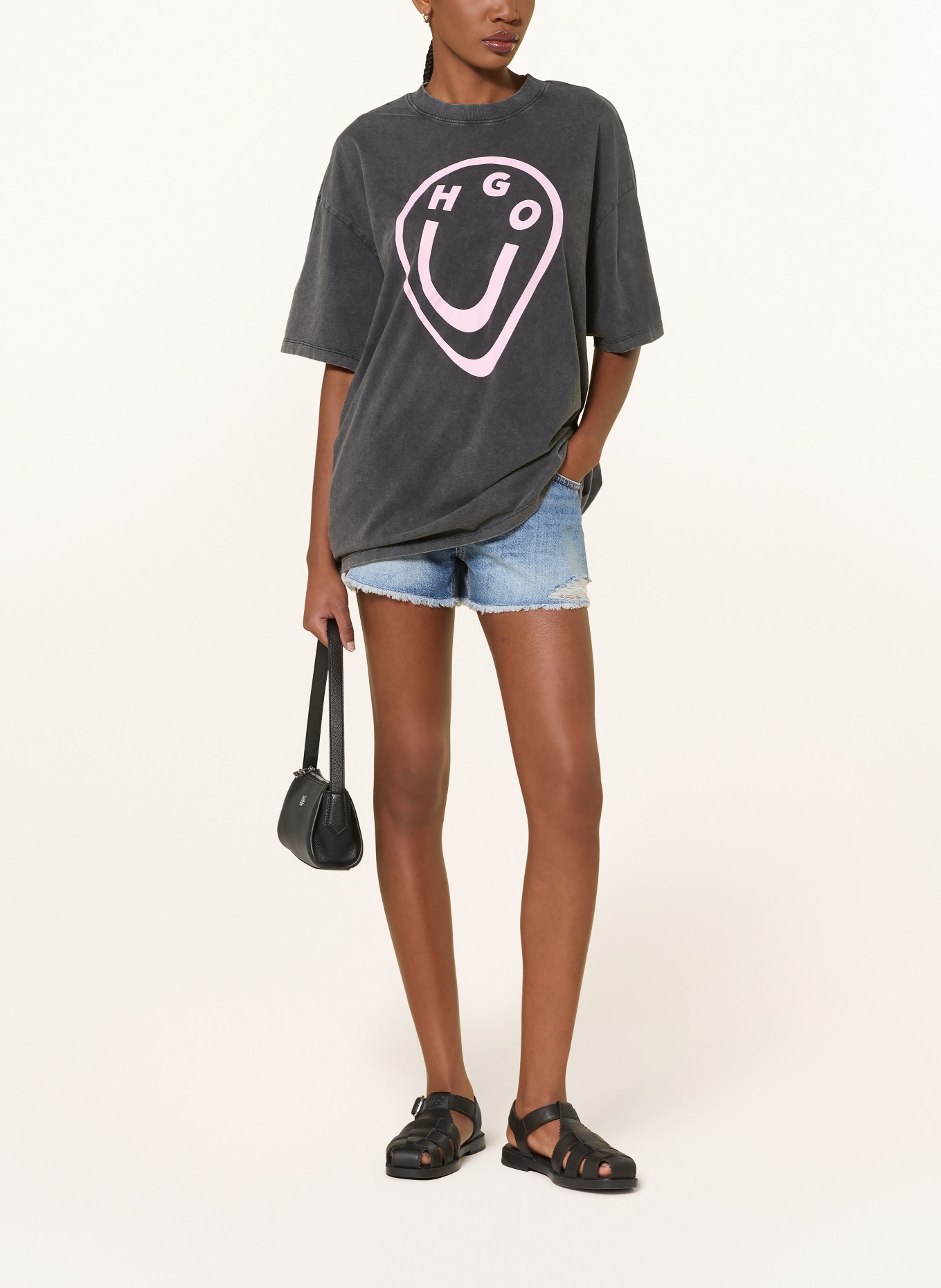 HUGO Oversized-Shirt: DUNKELGRAU / ROSA