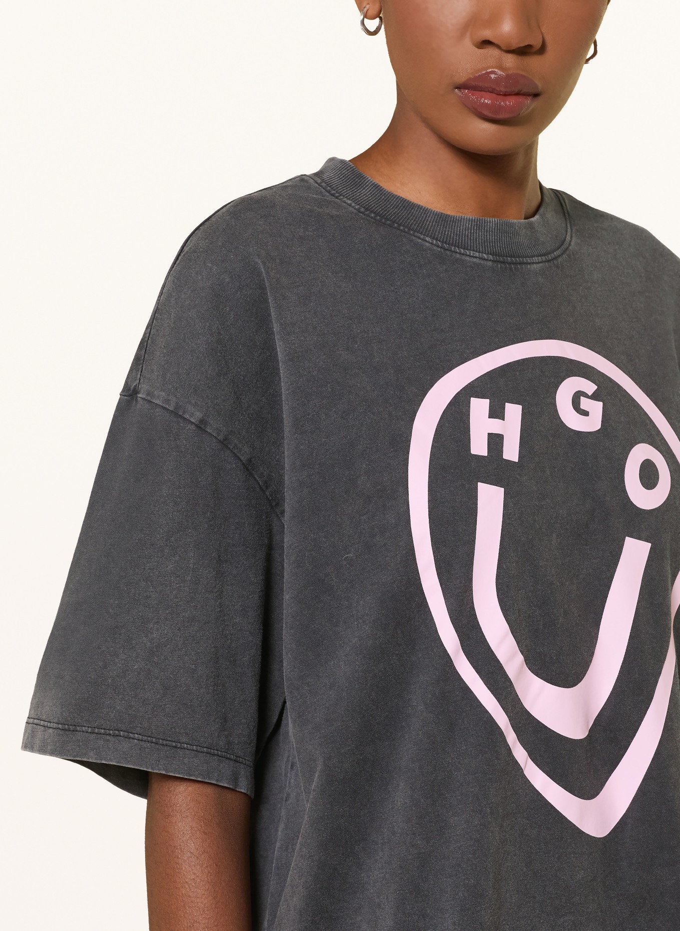 HUGO Oversized-Shirt: DUNKELGRAU / ROSA