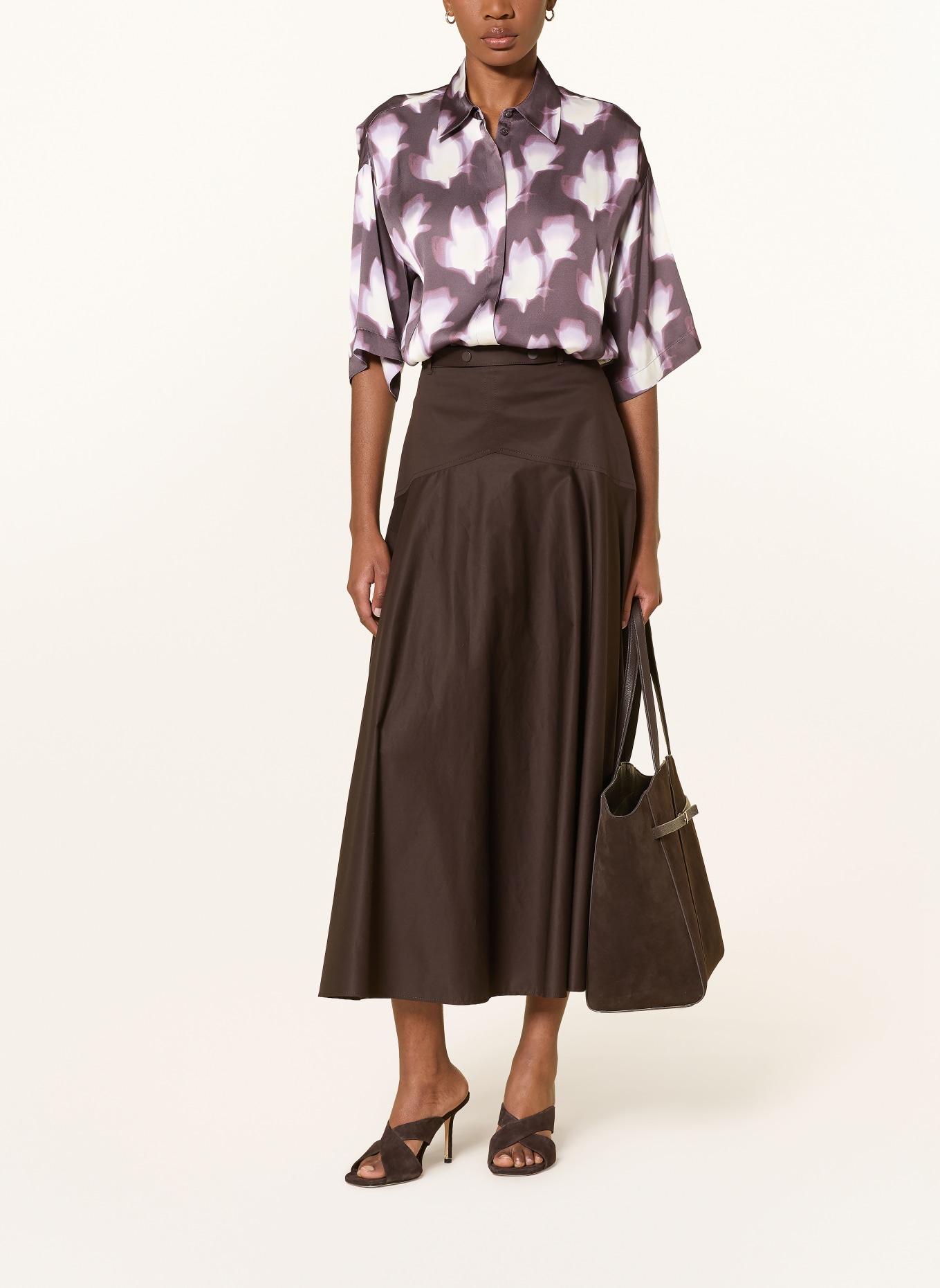 BOSS Košile BIMINA se 3/4 rukávy ze saténu: FIALOVÁ / TMAVĚ HNĚDÁ / REŽNÁ