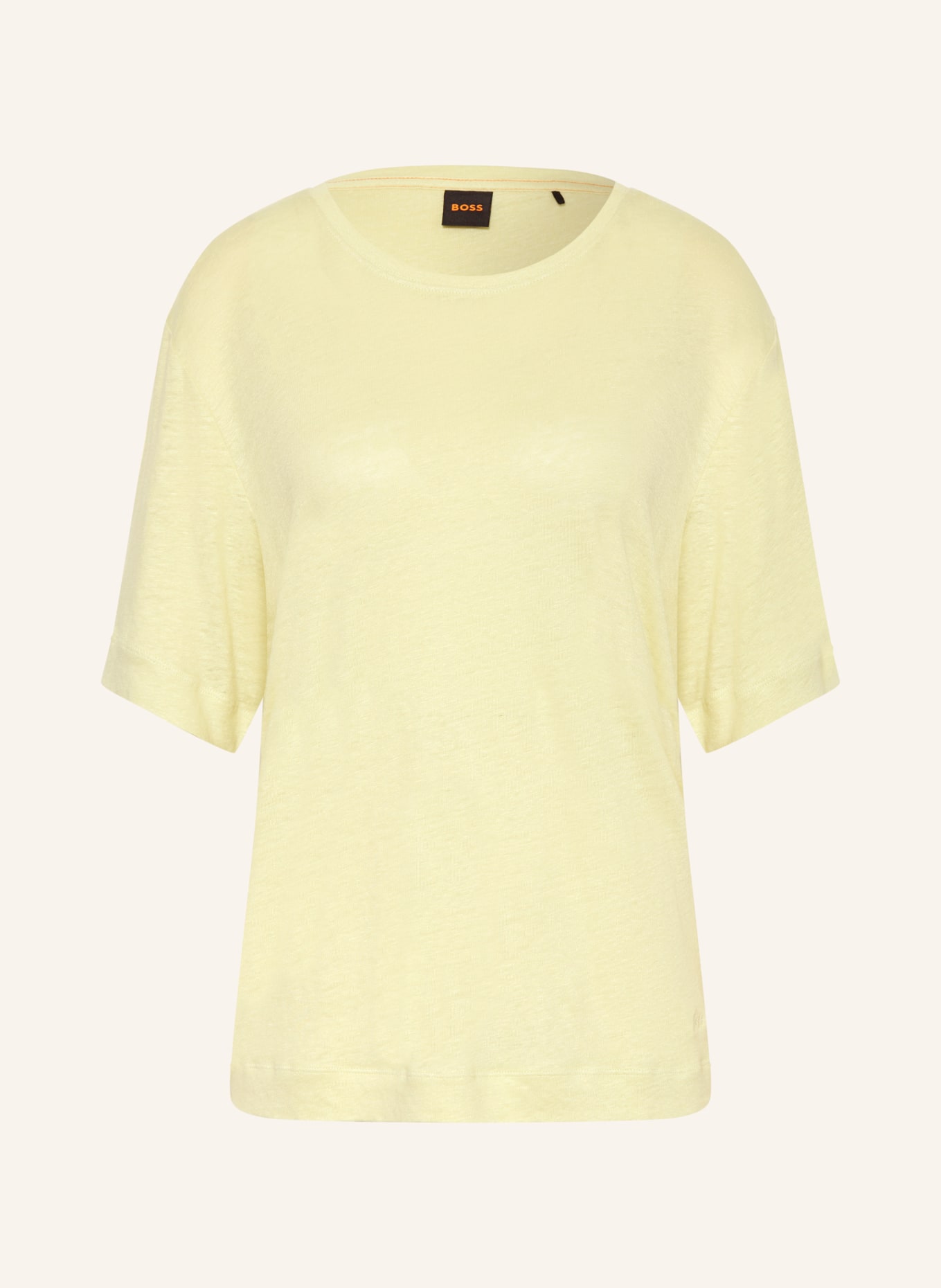 BOSS T-shirt EMMA van linnen: LICHTGEEL