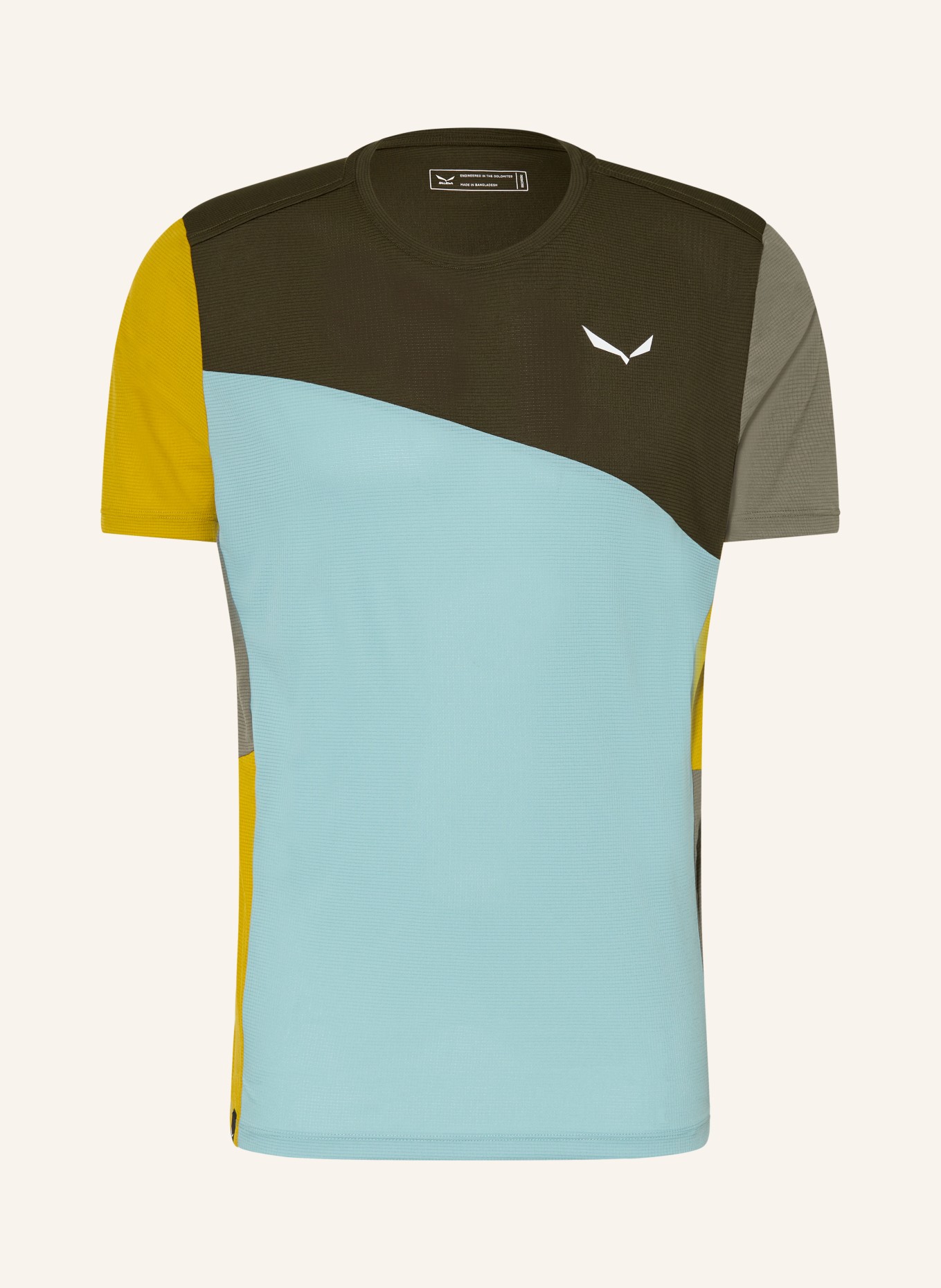 SALEWA Funkční tričko PUEZ SPORTY DRY'TON: OLIVOVÁ / TMAVĚ ŽLUTÁ / TYRKYSOVÁ