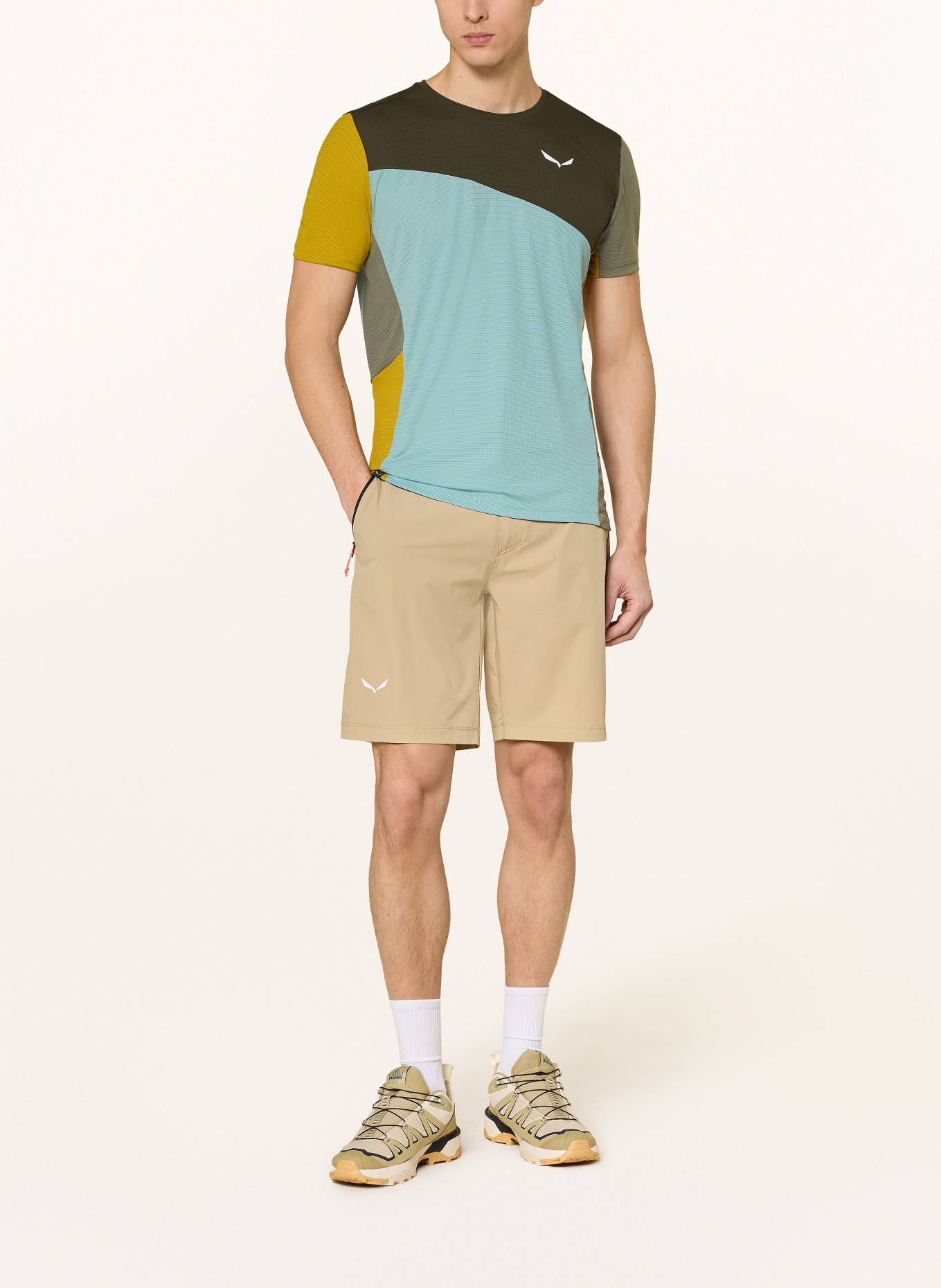 SALEWA Funkční tričko PUEZ SPORTY DRY'TON: OLIVOVÁ / TMAVĚ ŽLUTÁ / TYRKYSOVÁ