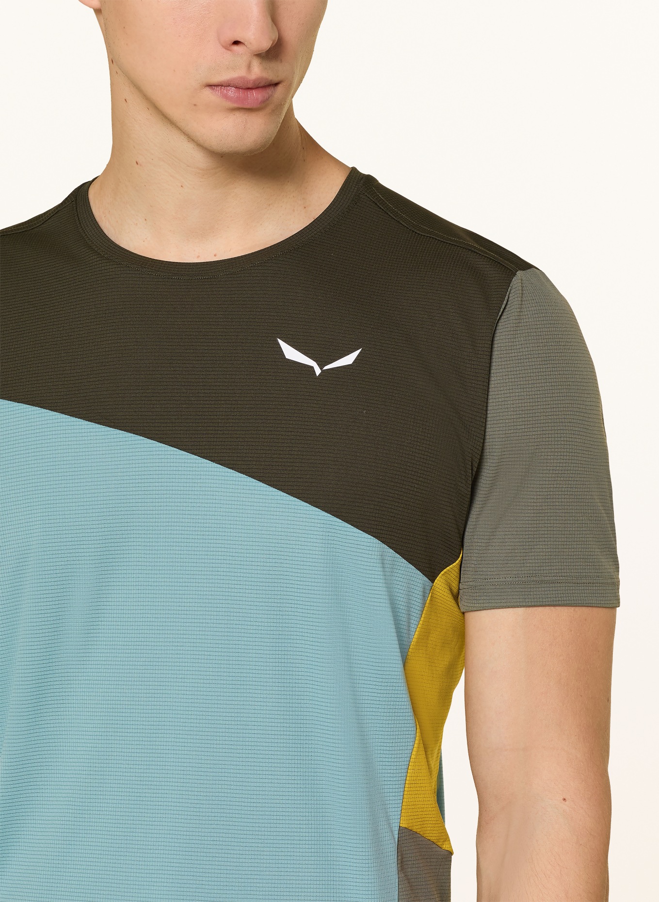 SALEWA Funkční tričko PUEZ SPORTY DRY'TON: OLIVOVÁ / TMAVĚ ŽLUTÁ / TYRKYSOVÁ