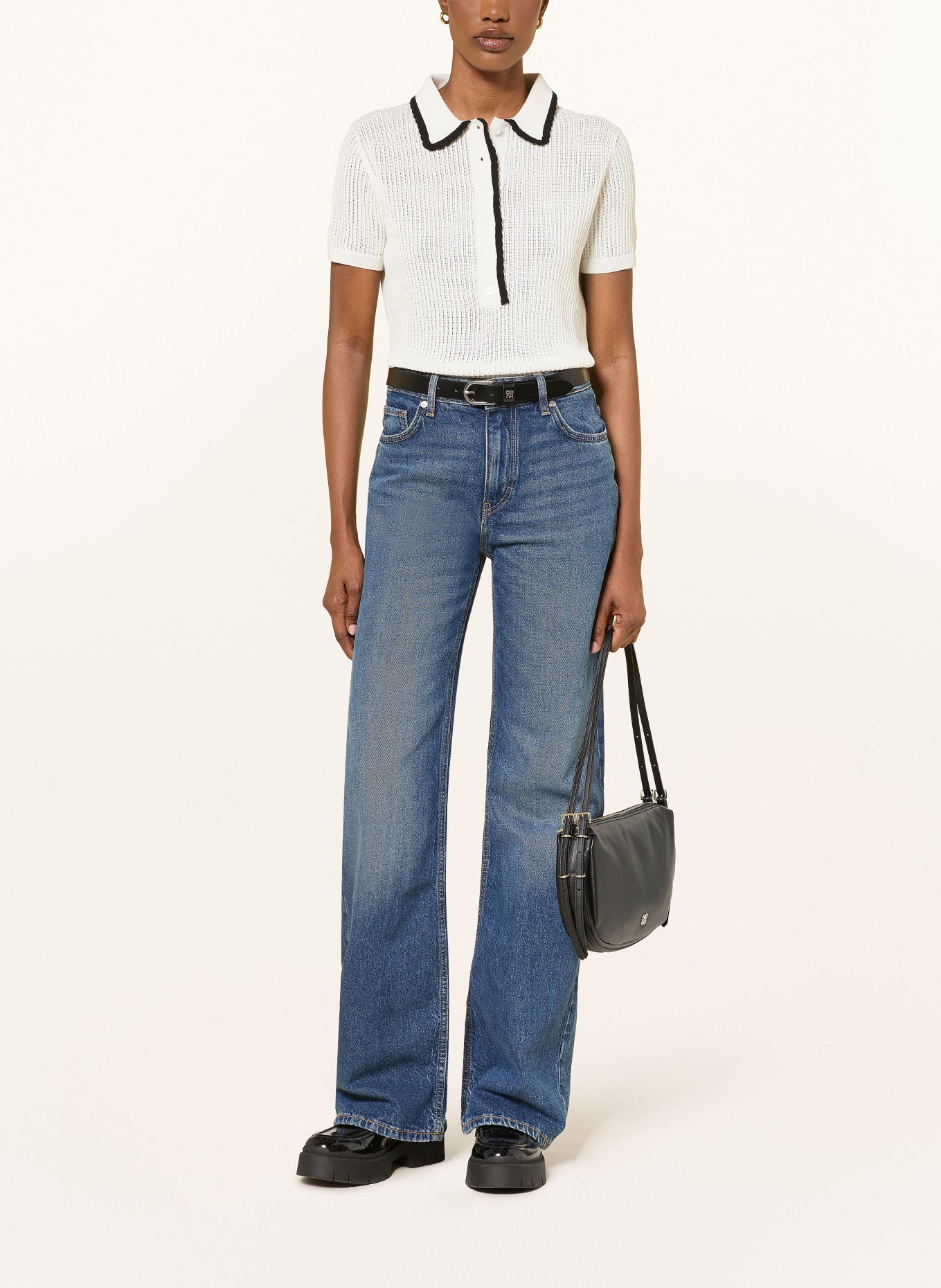 HUGO SLYSA Knit Polo Shirt: WHITE / BLACK