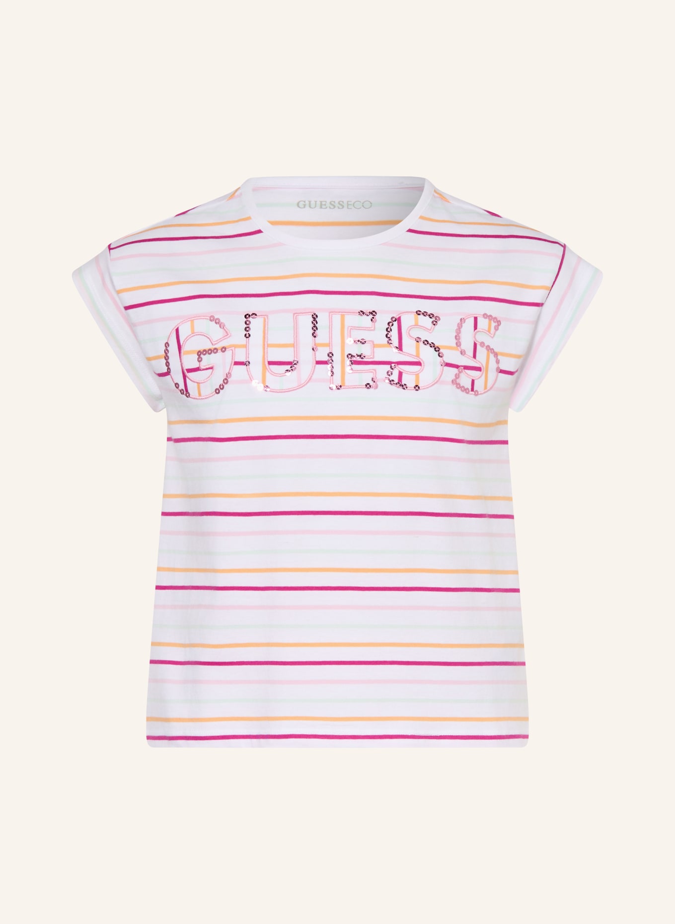 GUESS T-shirt à paillettes: BLANC / ROSE / MENTHE
