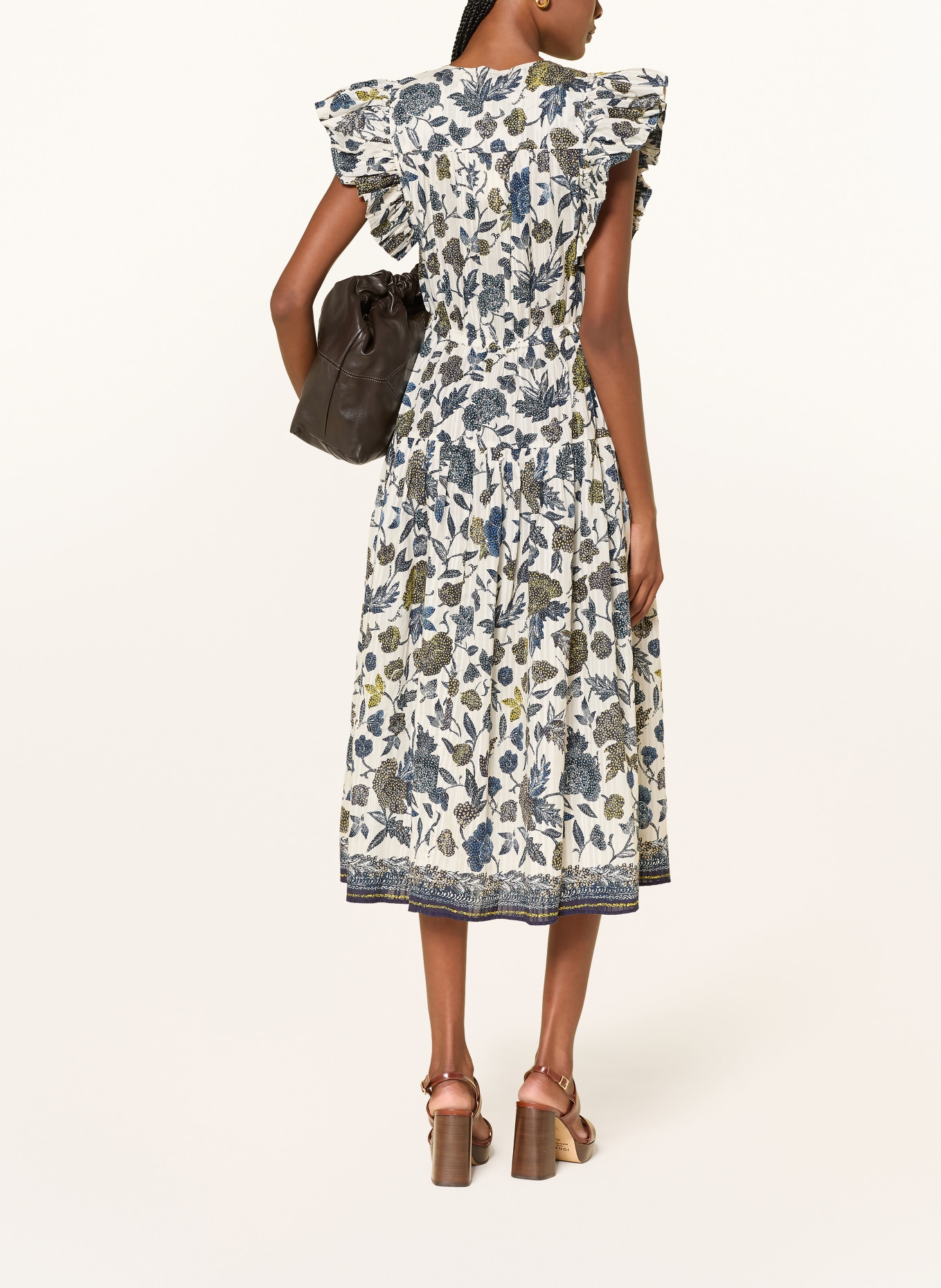 ULLA JOHNSON Robe KAIRI: CRÈME / JAUNE / BLEU FONCÉ