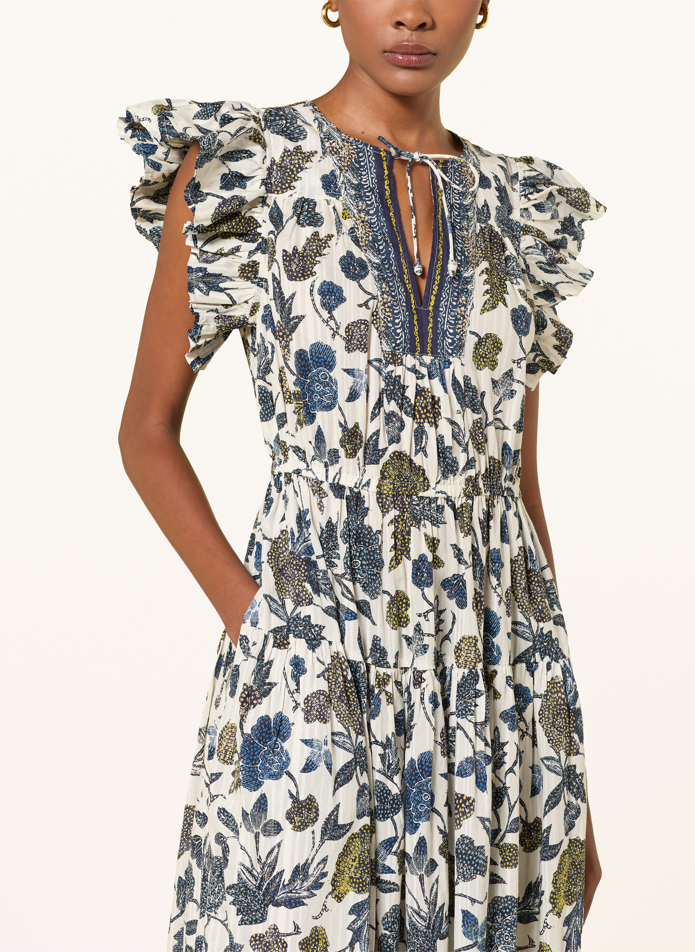 ULLA JOHNSON Robe KAIRI: CRÈME / JAUNE / BLEU FONCÉ