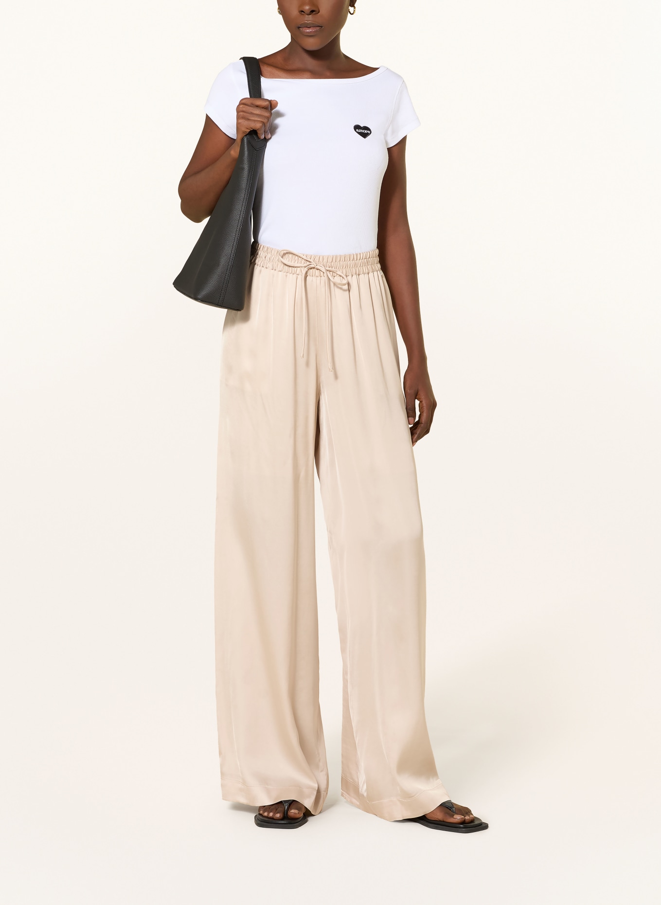 BOSS Saténové kalhoty TALIA: BÉŽOVÁ