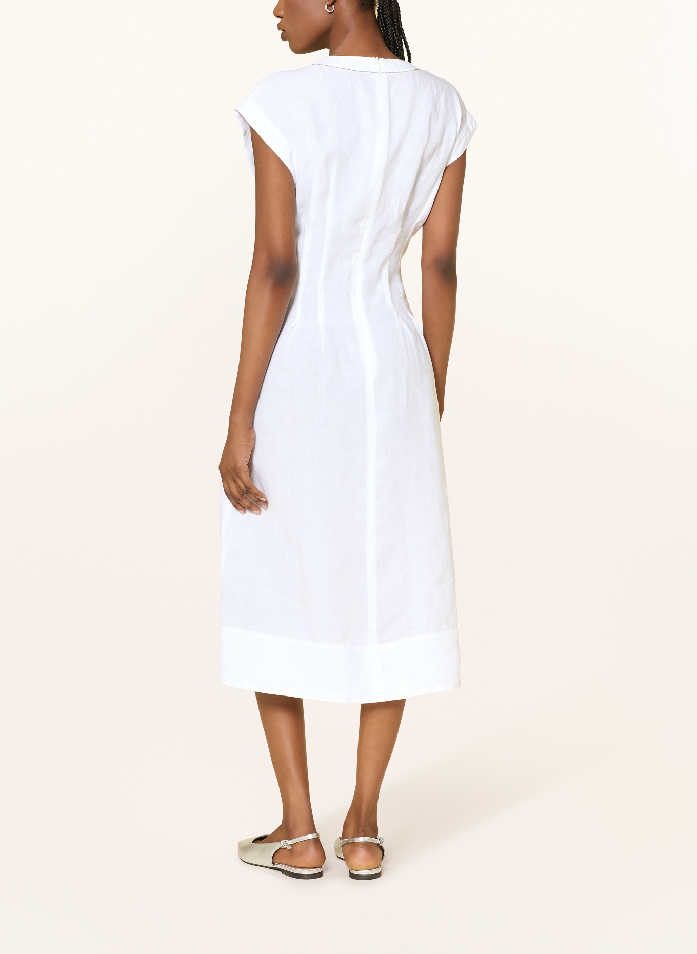 PESERICO Leinenkleid mit Schmuckperlen: WEISS