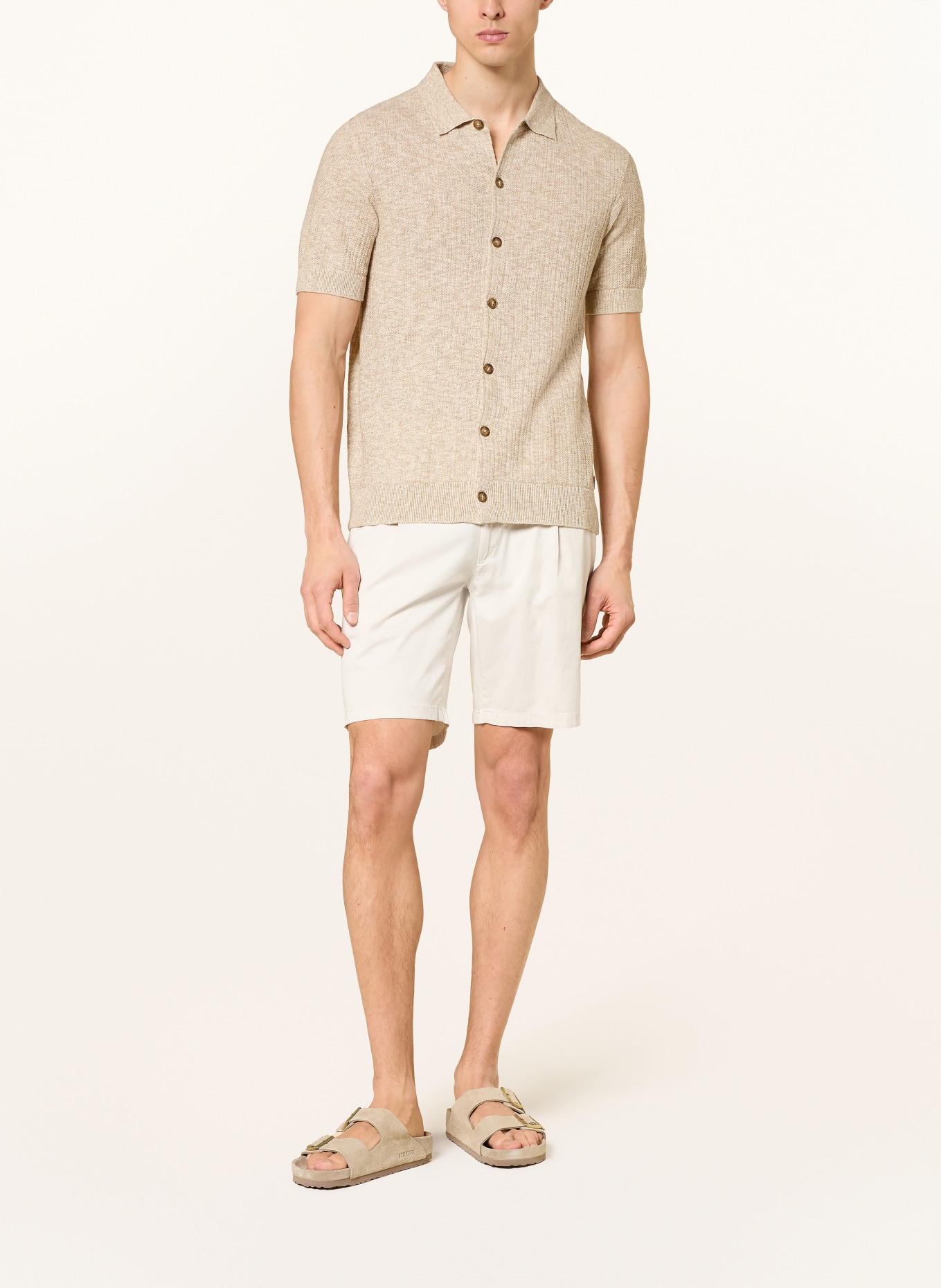 BRAX JIMMY Slim Fit Knit Shirt with Linen: LIGHT BROWN / WHITE