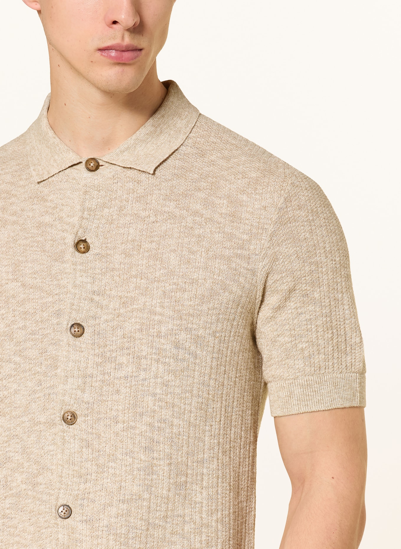 BRAX JIMMY Slim Fit Knit Shirt with Linen: LIGHT BROWN / WHITE