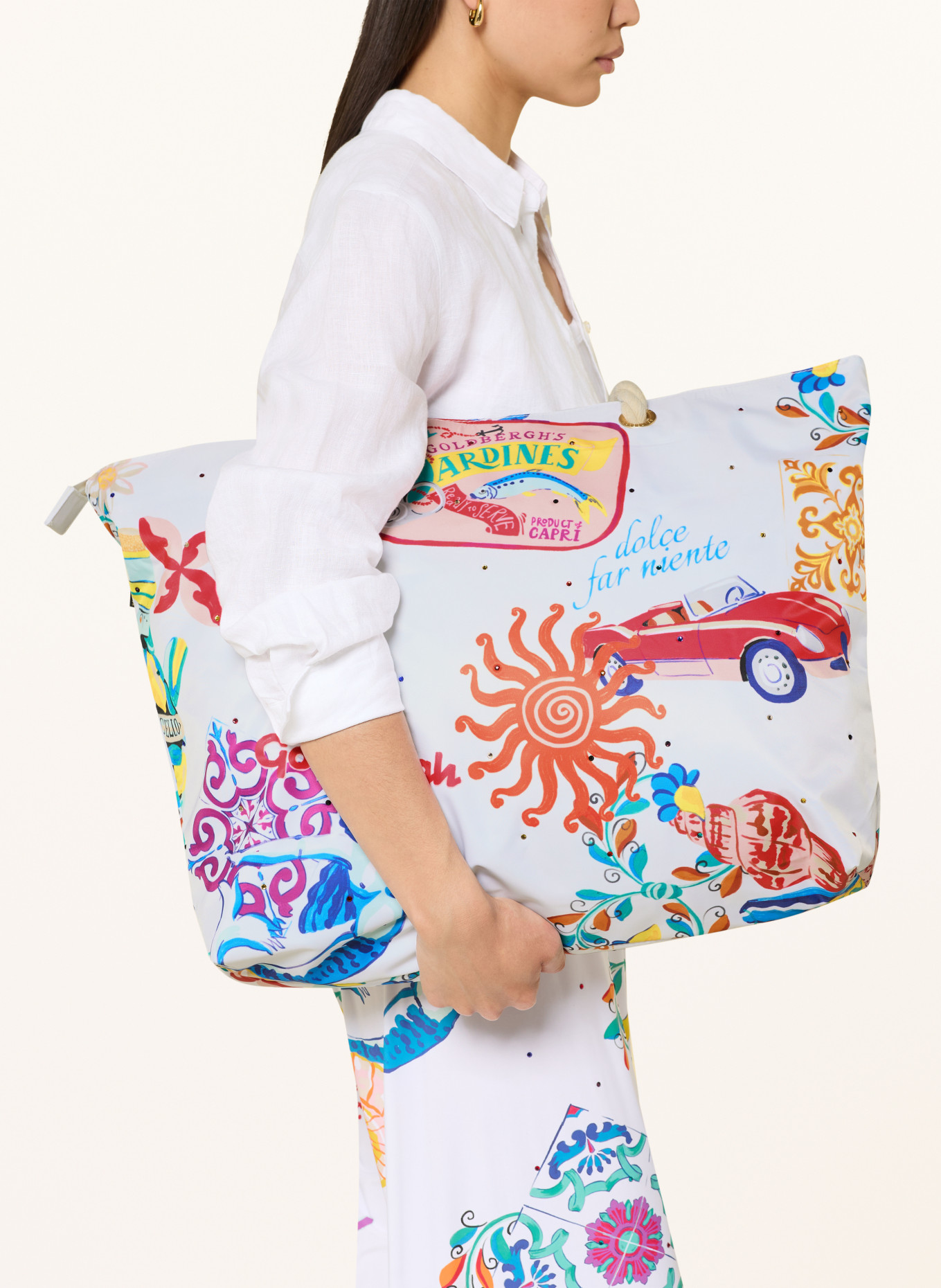 GOLDBERGH Sac de plage ANGELA avec pierres décoratives: BLANC / JAUNE / BLEU