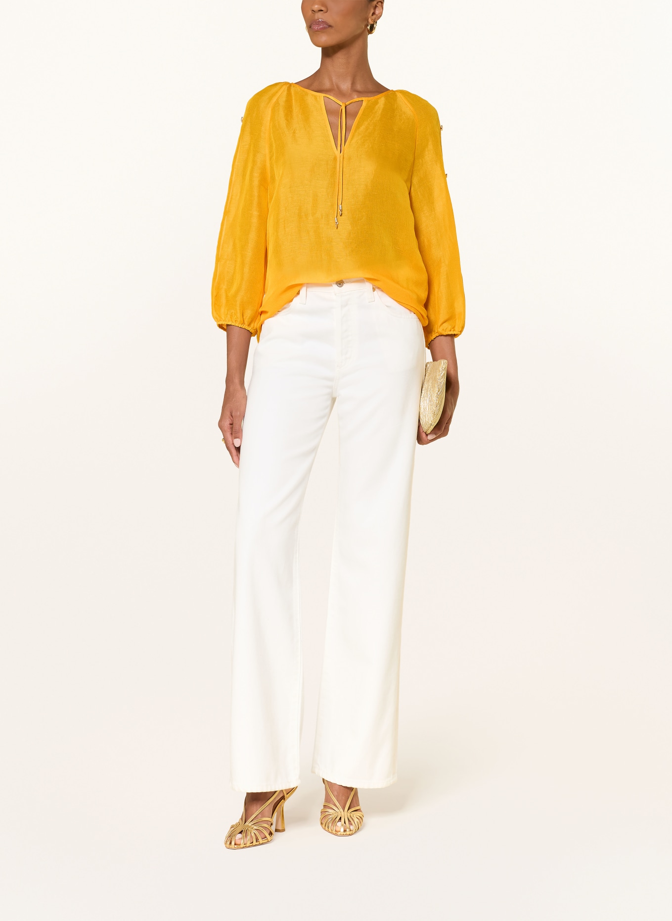 MARC CAIN Tričko s límečkem z lnu a hedvábí: 441 gold fusion