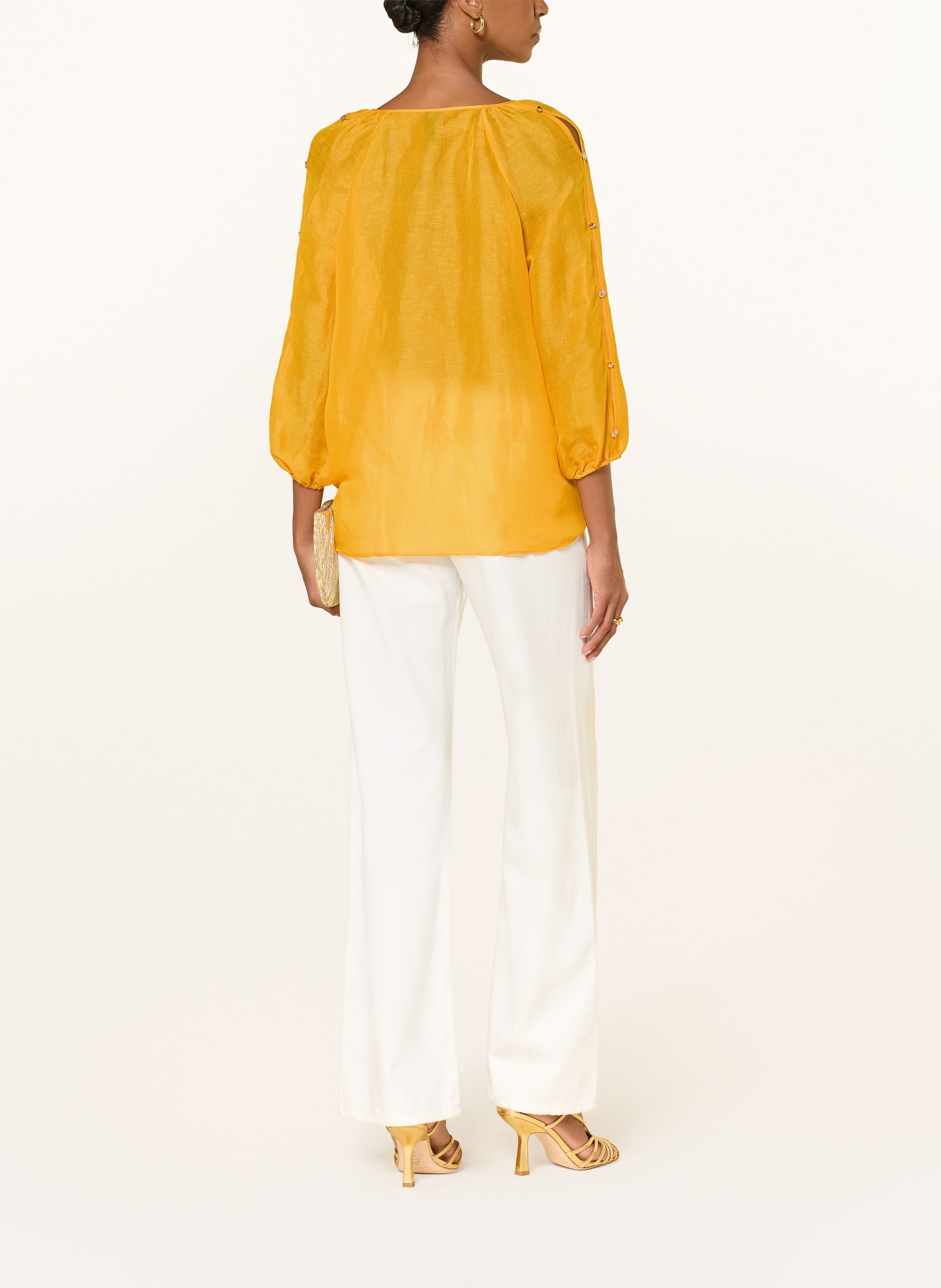 MARC CAIN Tričko s límečkem z lnu a hedvábí: 441 gold fusion