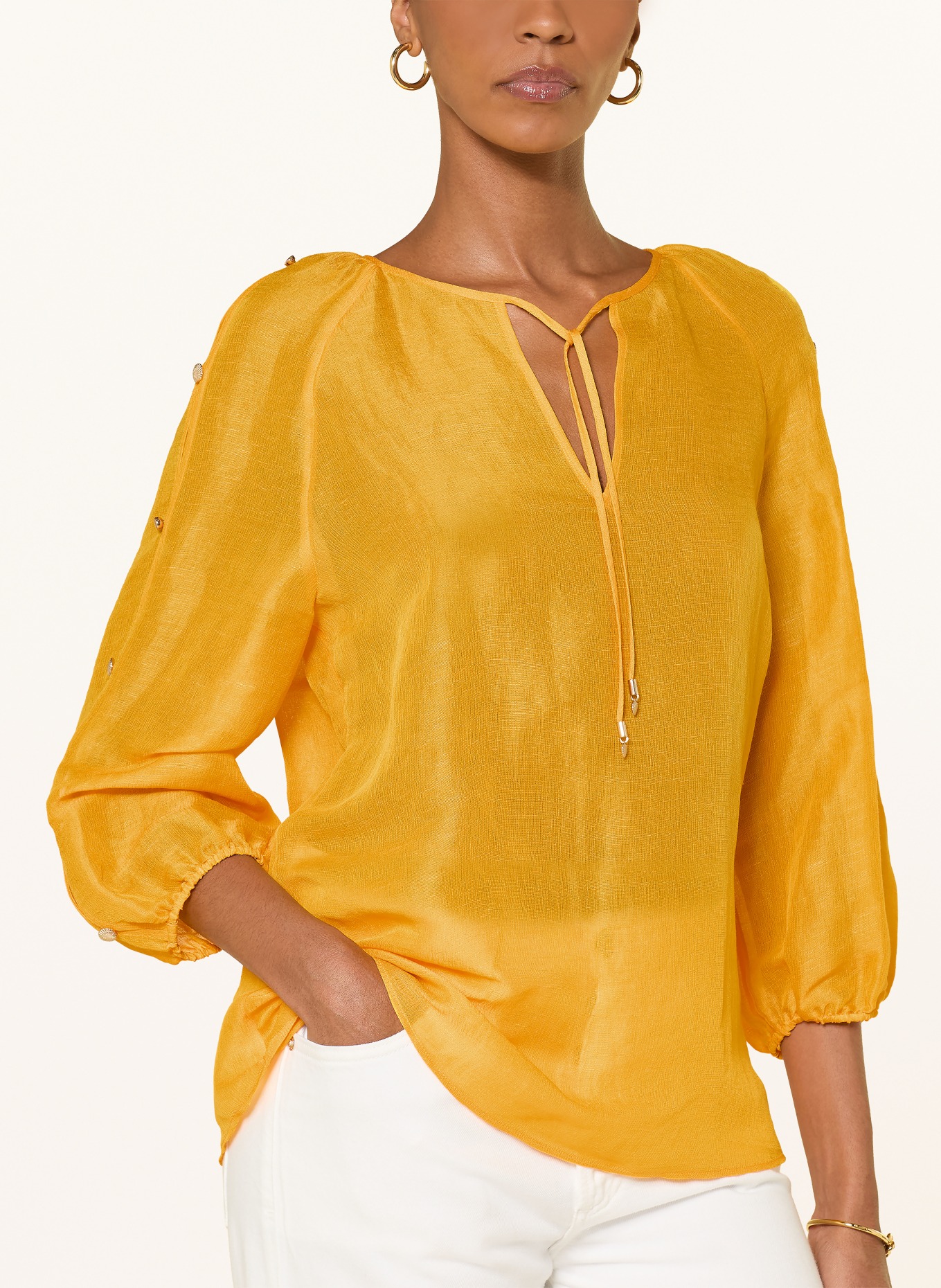 MARC CAIN Tričko s límečkem z lnu a hedvábí: 441 gold fusion