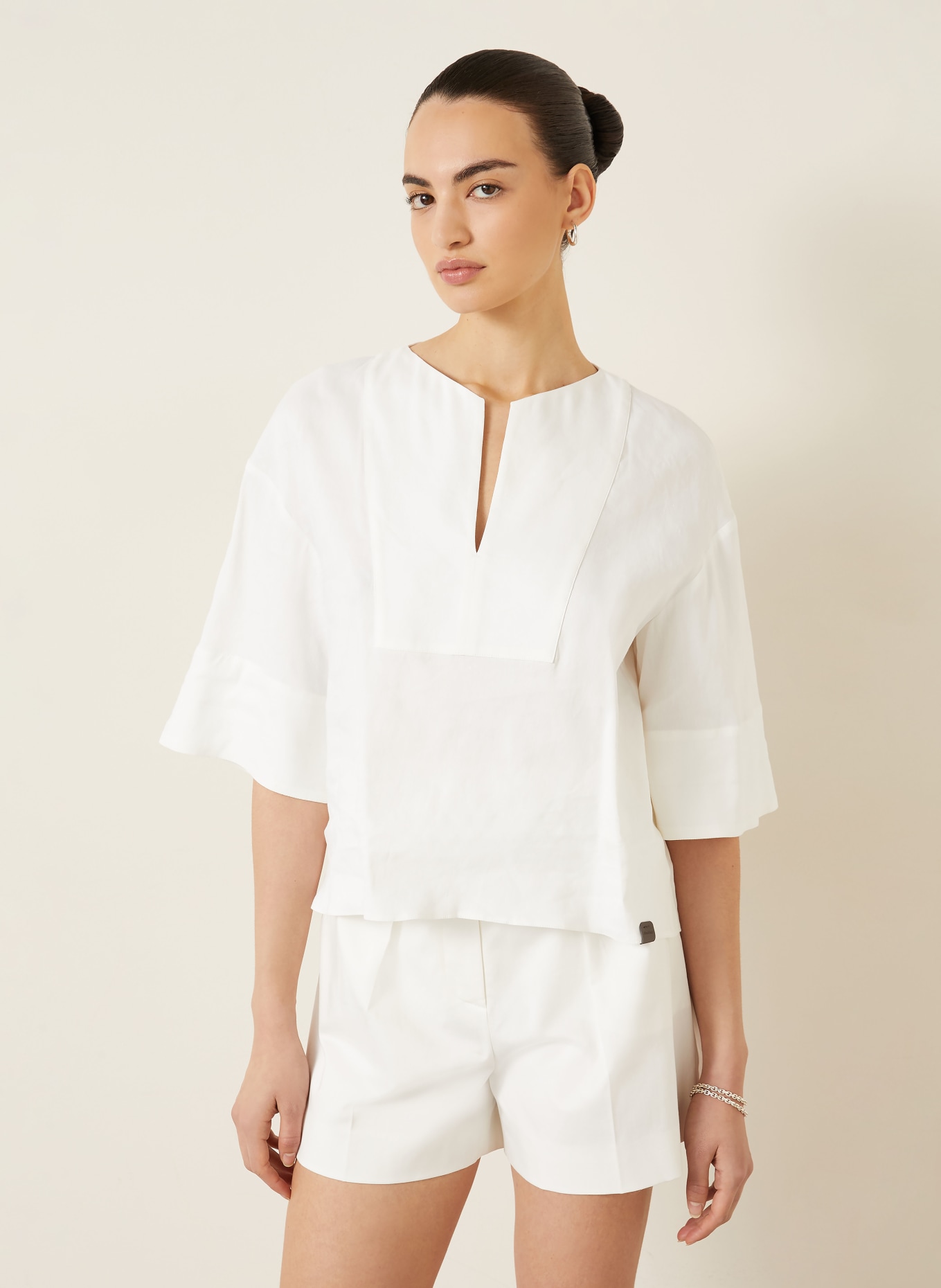 Max Mara SOSPIRO Blouse Shirt with Linen and 3/4 Sleeves: WHITE
