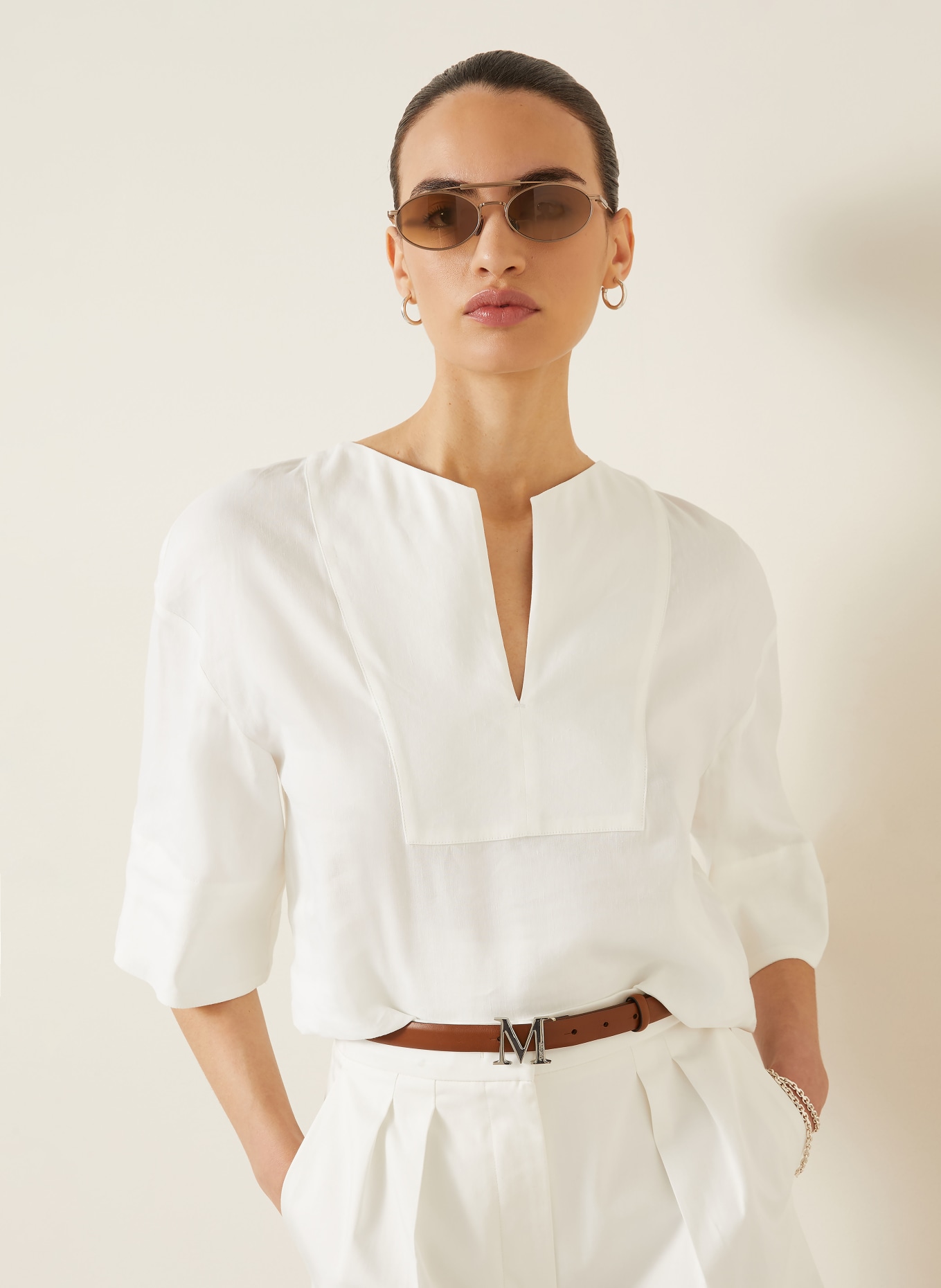 Max Mara SOSPIRO Blouse Shirt with Linen and 3/4 Sleeves: WHITE