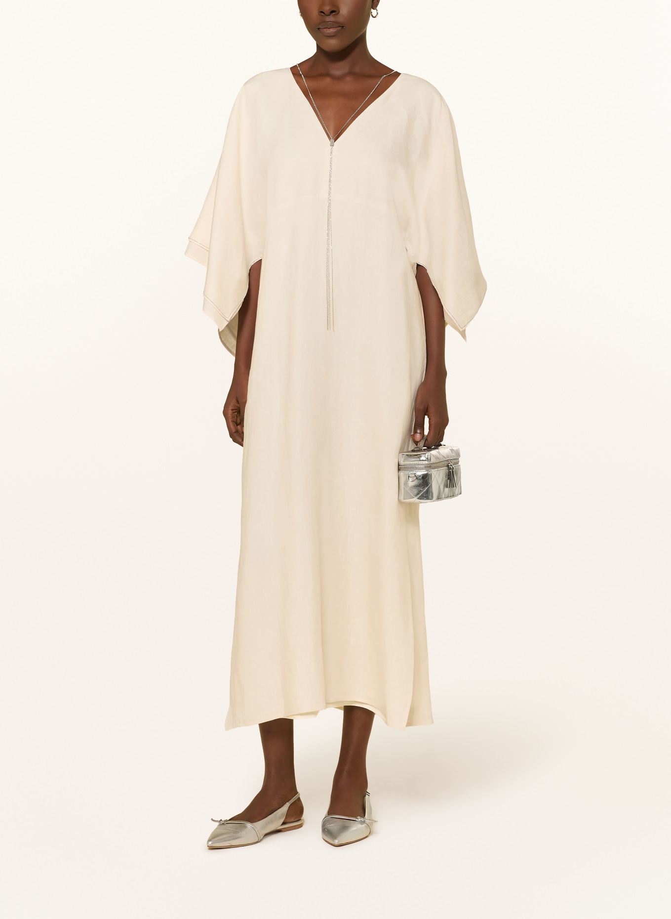 PESERICO Lniana sukienka z kamieniami ozdobnymi: JASNOBRĄZOWY / SREBRNY