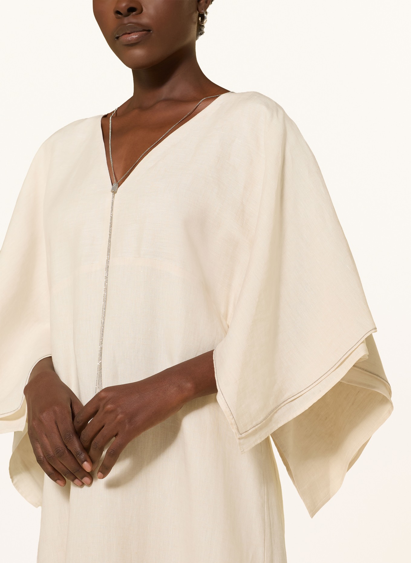 PESERICO Lniana sukienka z kamieniami ozdobnymi: JASNOBRĄZOWY / SREBRNY