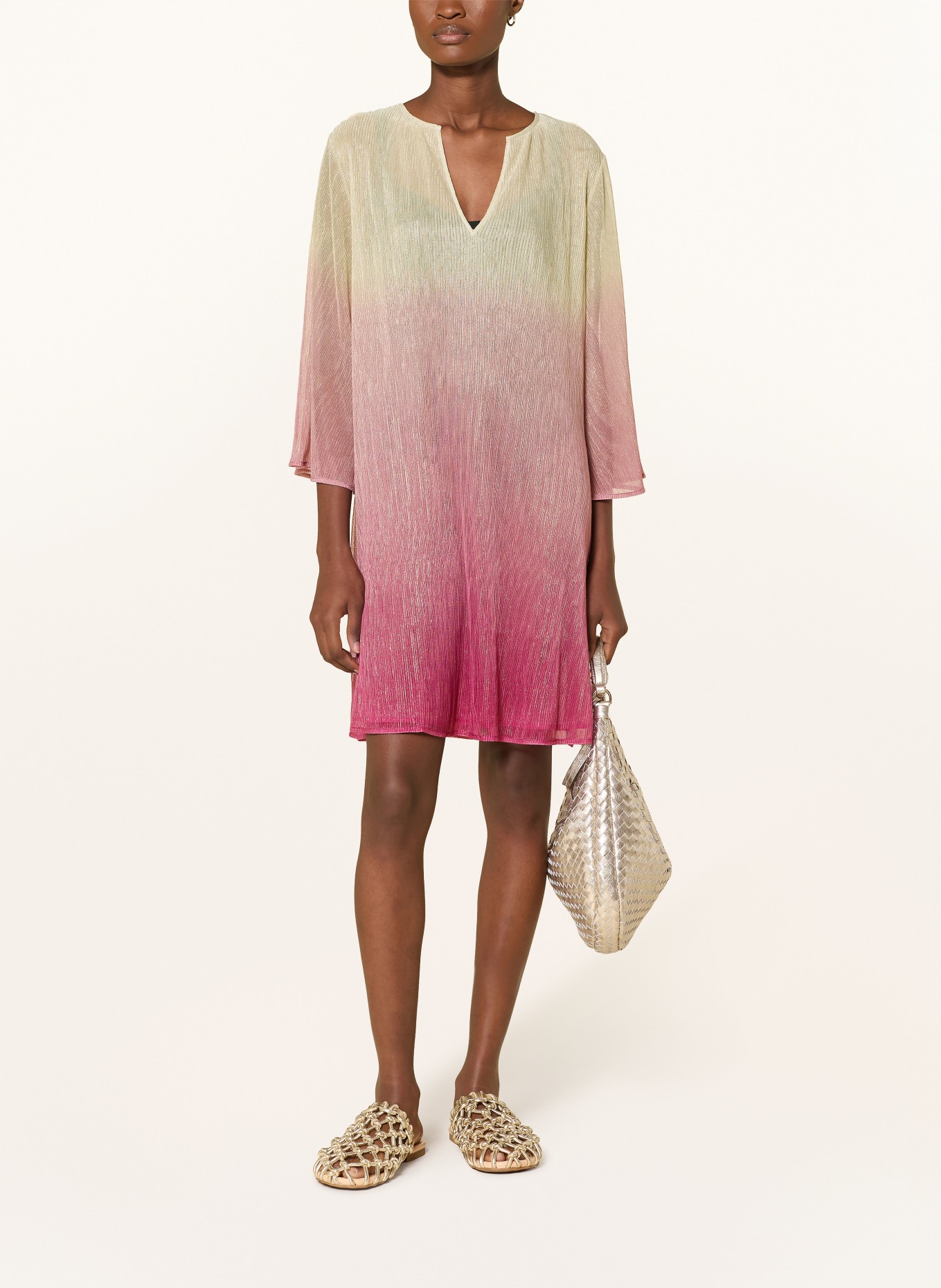 MARYAN MEHLHORN Strandjurk met 3/4-mouwen en glittergaren: GOUD / VIEUX ROSE / ROZE