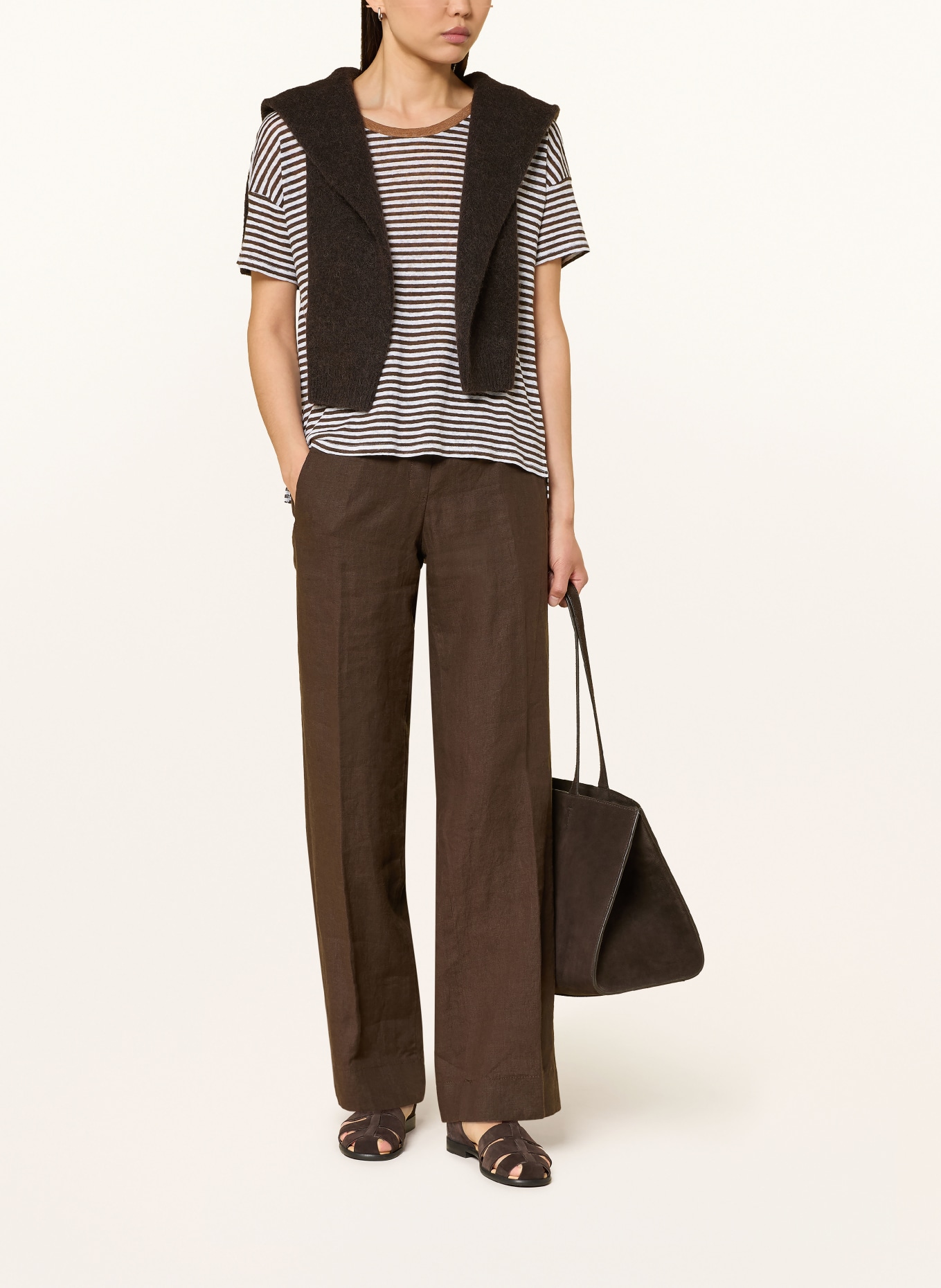 oui T-Shirt aus Leinen: CREME / DUNKELBRAUN