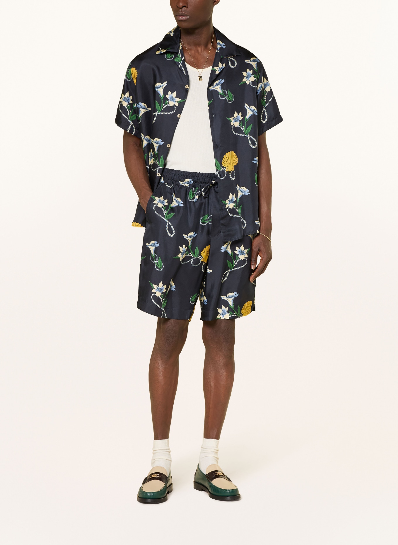 DRÔLE DE MONSIEUR Silk resort shirt: DARK BLUE / YELLOW / GREEN