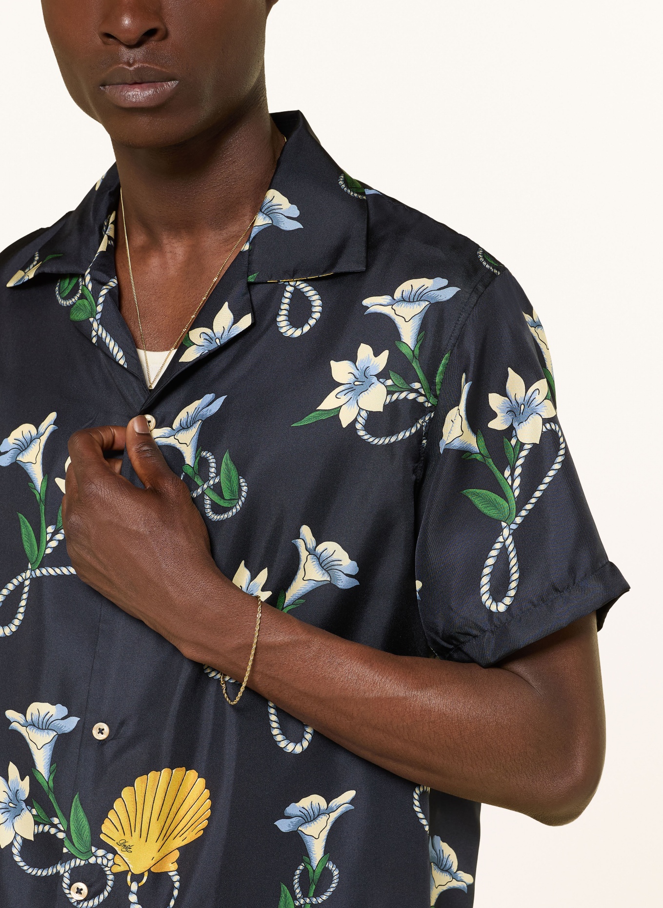 DRÔLE DE MONSIEUR Silk resort shirt: DARK BLUE / YELLOW / GREEN