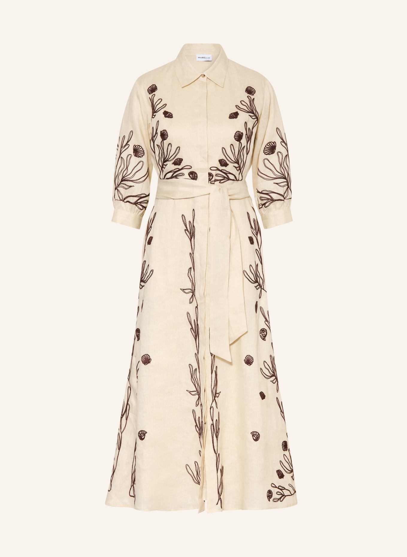 MARELLA Robe chemise en lin à manches 3/4: BEIGE / MARRON FONCÉ