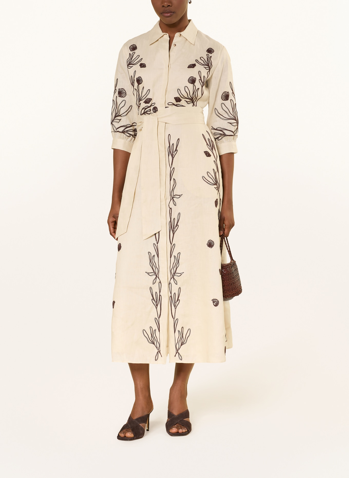 MARELLA Robe chemise en lin à manches 3/4: BEIGE / MARRON FONCÉ