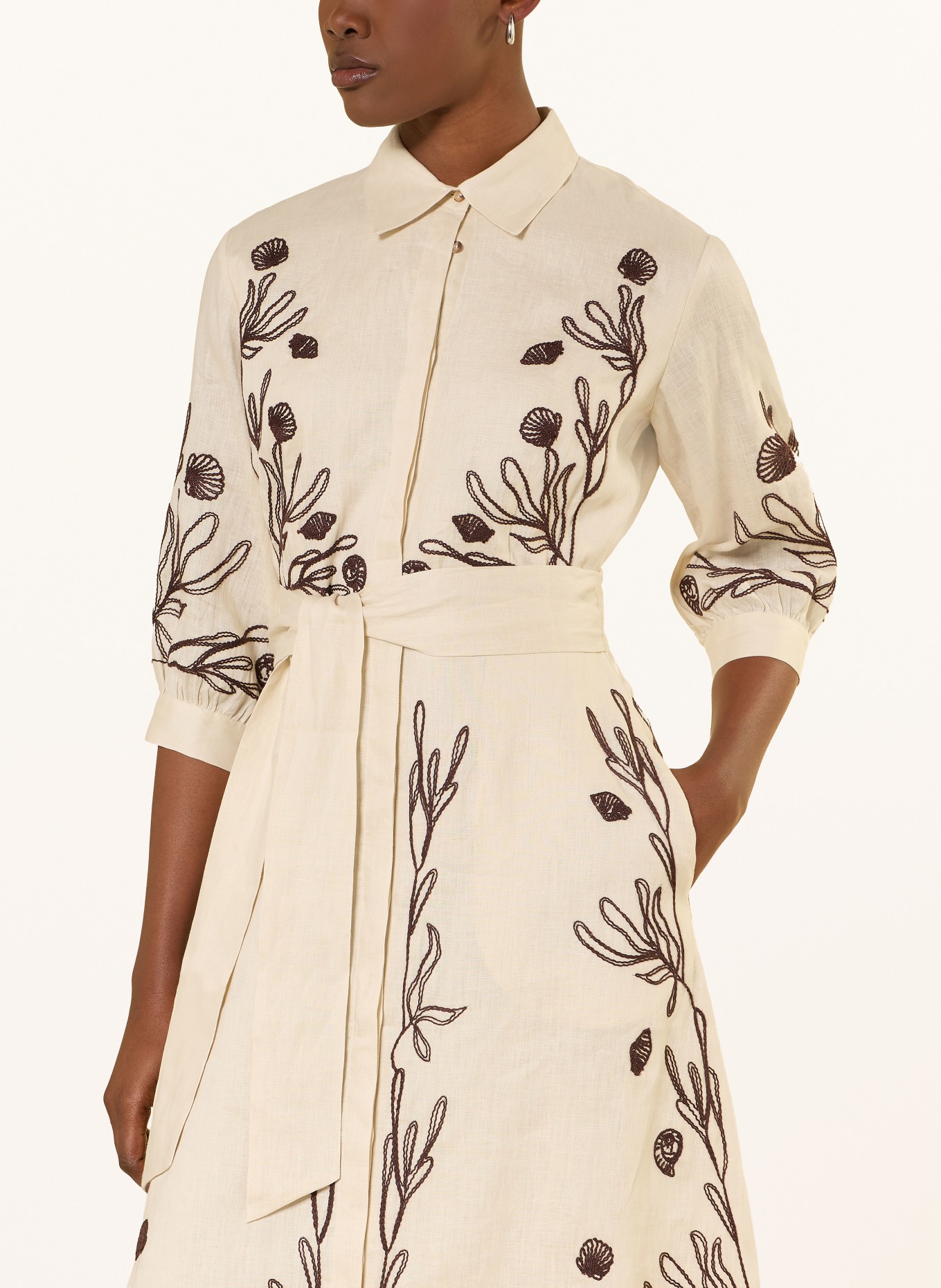 MARELLA Robe chemise en lin à manches 3/4: BEIGE / MARRON FONCÉ
