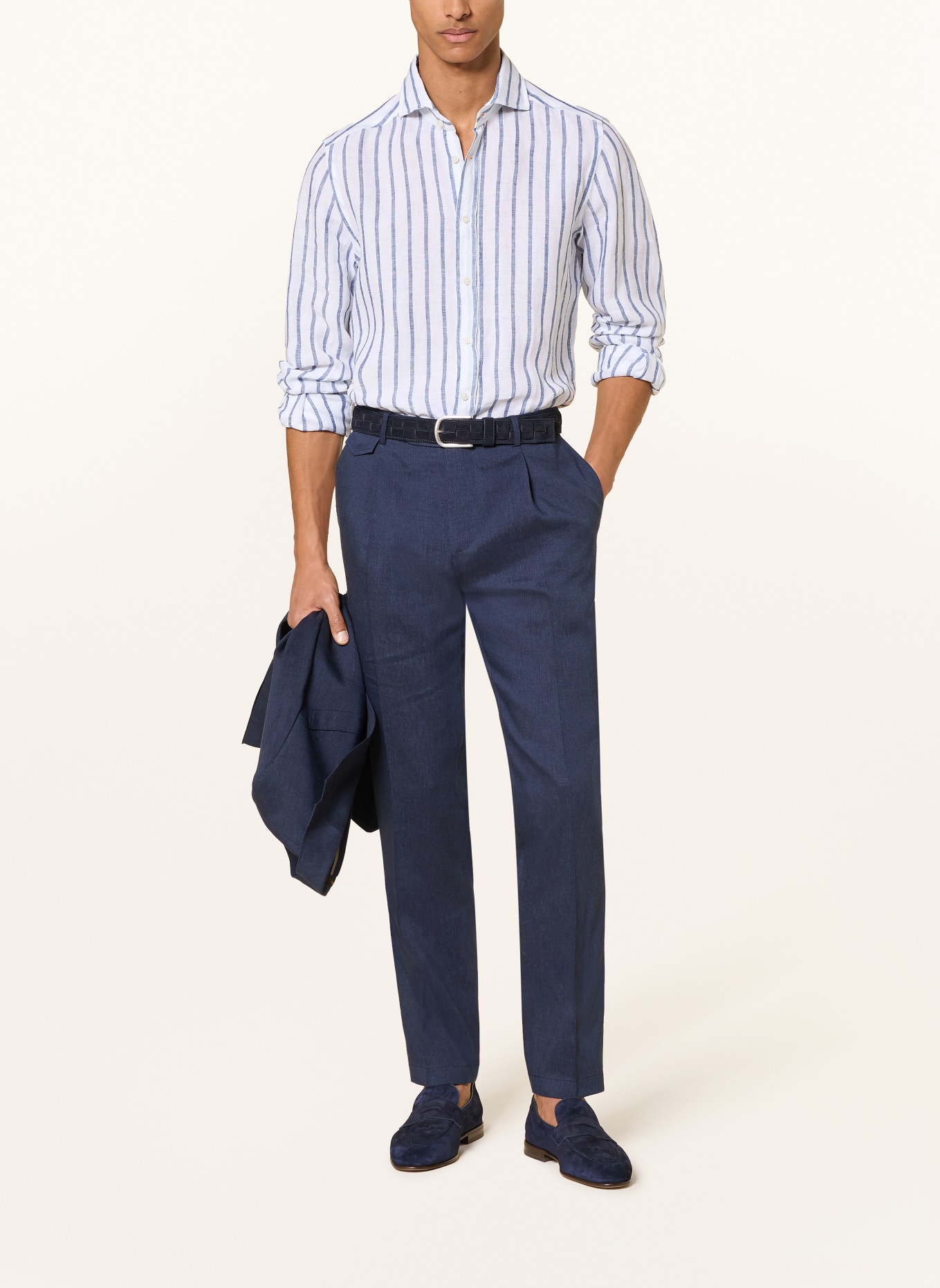 windsor. Lněná košile LANO Slim Fit: BÍLÁ / TMAVĚ MODRÁ