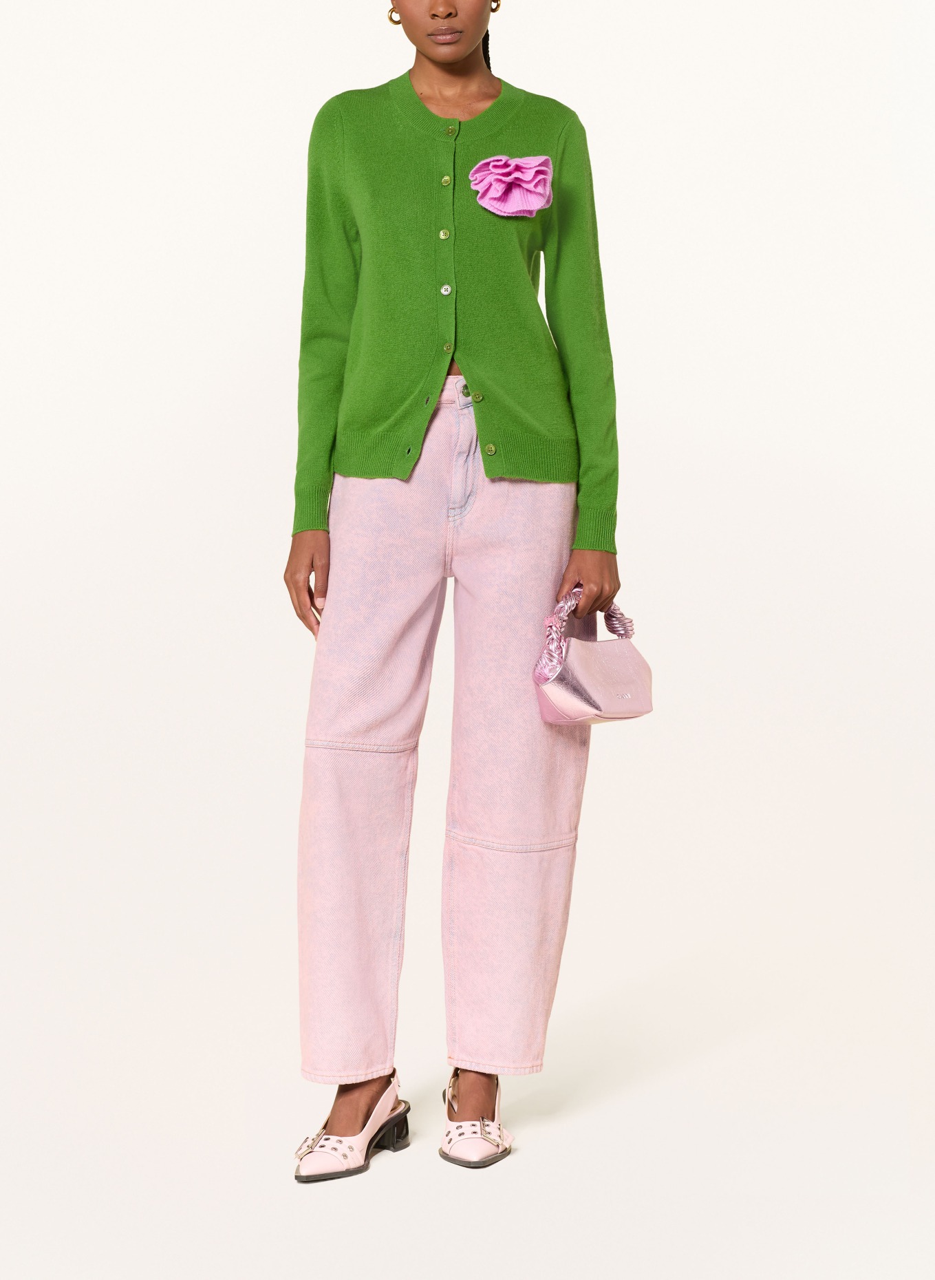 ESSENTIEL ANTWERP Kardigan JAUNE z kaszmiru: ZIELONY / MOCNORÓŻOWY