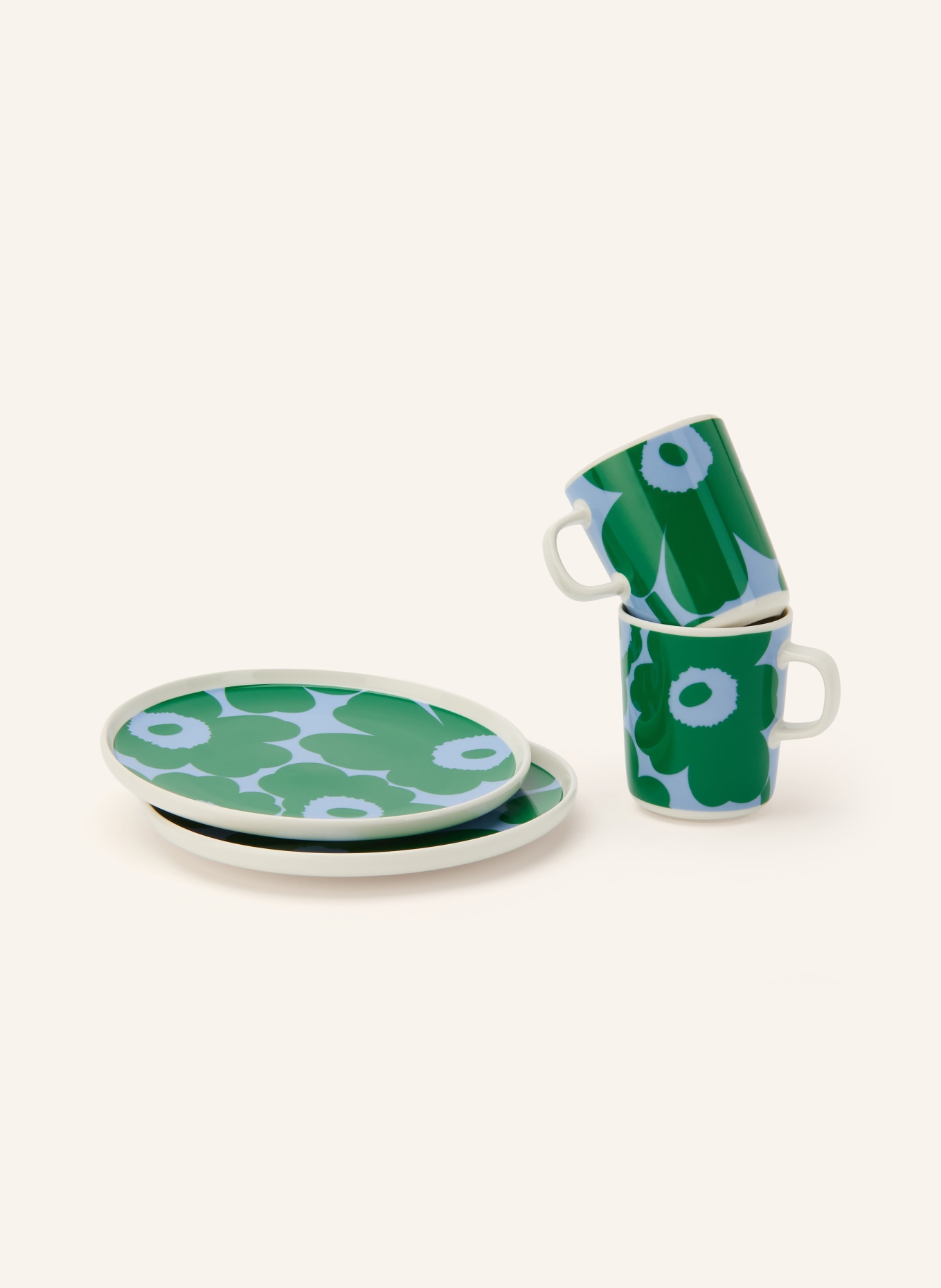 marimekko 4-Piece OIVA/UNIKKO Breakfast Set: GREEN / CREAM / LIGHT BLUE