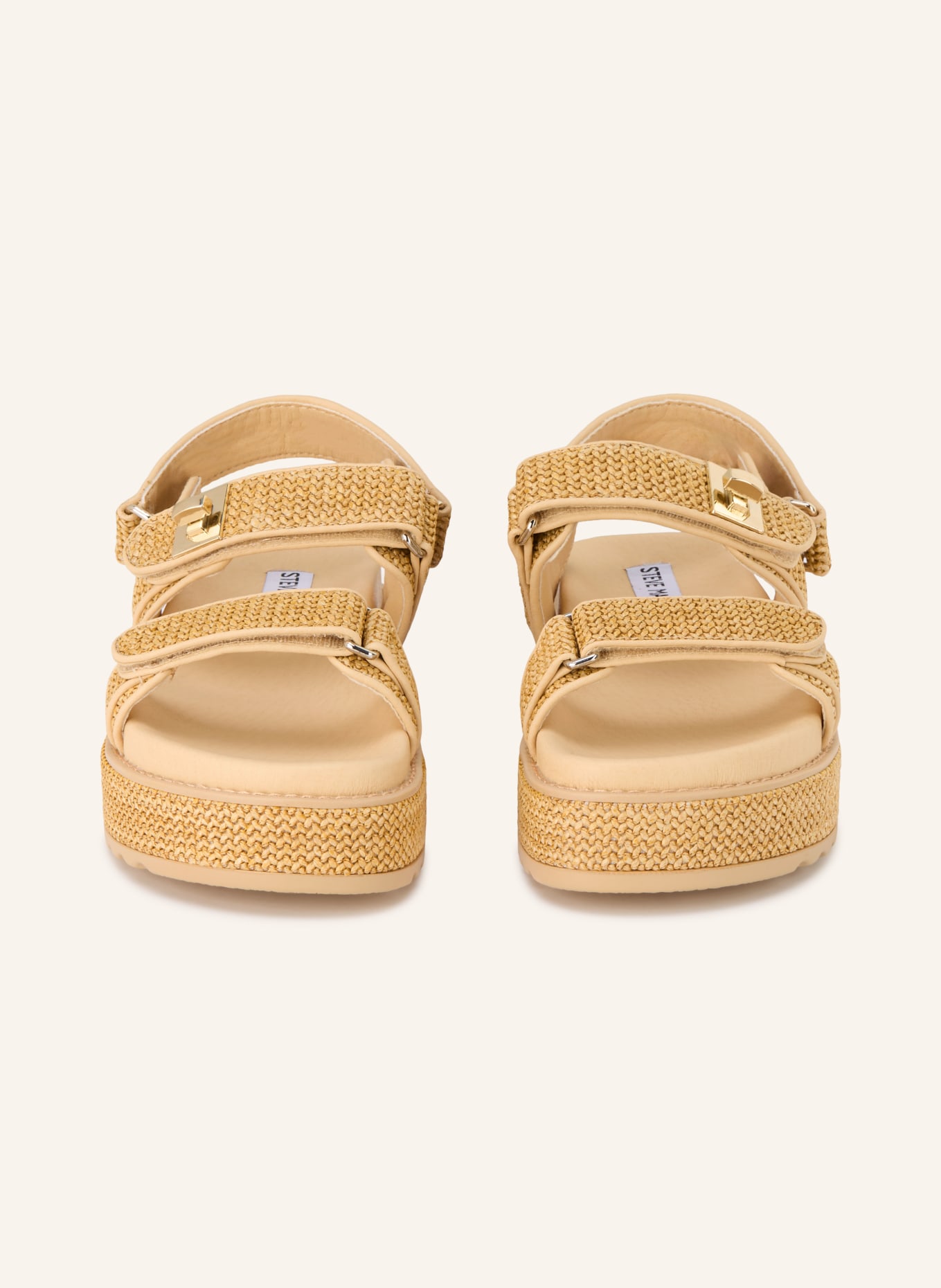 STEVE MADDEN BIGMONA Platform Sandals: LIGHT BROWN / GOLD / BEIGE
