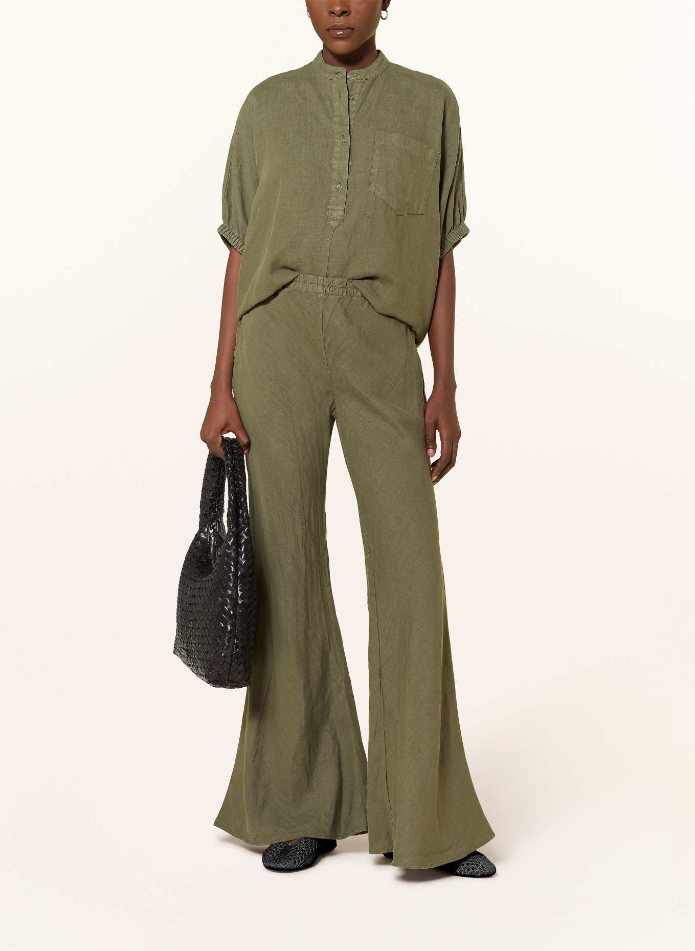 SoSUE Lněné kalhoty JOANNA s rozšiřujícími se nohavicemi: OLIVOVÁ