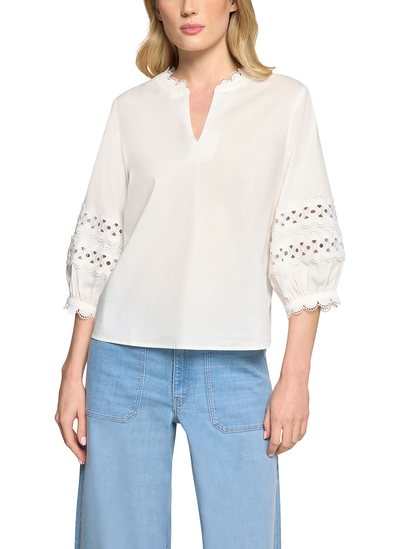 BETTY&CO Chemisier à manches 3/4 avec dentelle ajourée: BLANC