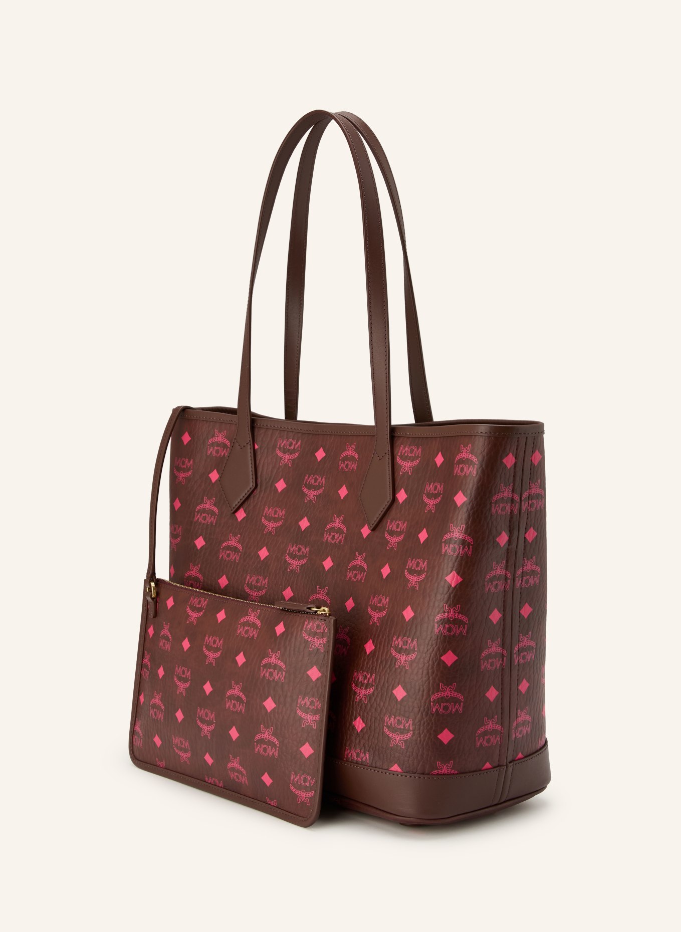 MCM Shopper LIZ MEDIUM mit Pouch: DUNKELBRAUN / GOLD / PINK