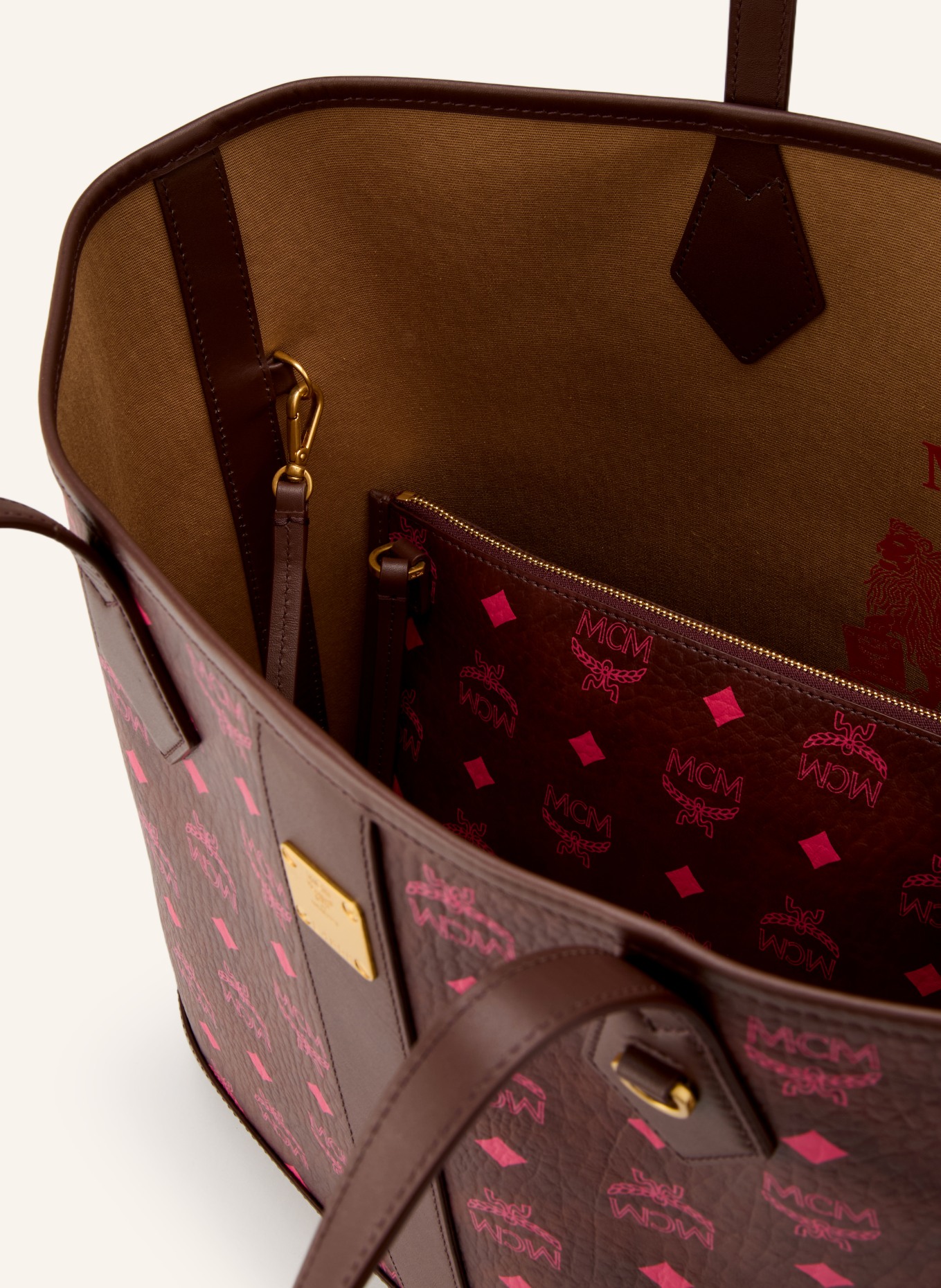 MCM Shopper LIZ MEDIUM mit Pouch: DUNKELBRAUN / GOLD / PINK