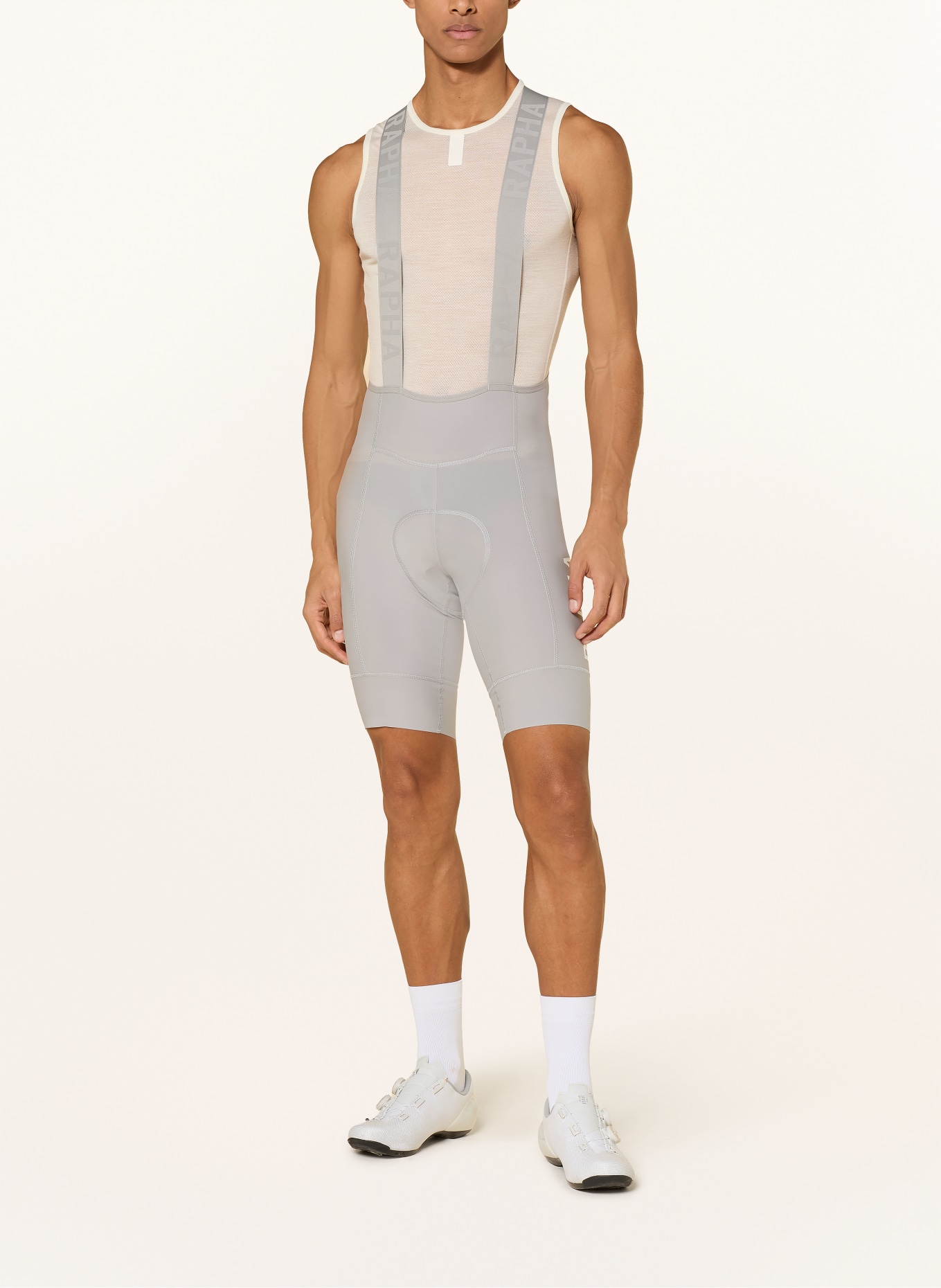 Rapha Radhose PRO TEAM TRAINING BIB II mit Trägern und gepolstertem Einsatz: GRAU / WEISS