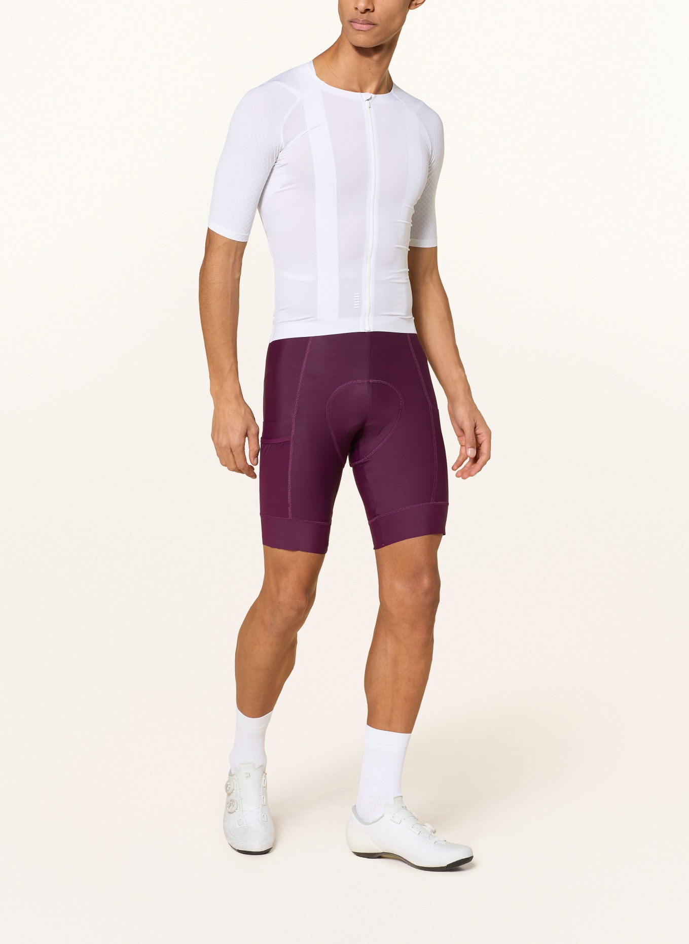 Rapha Radhose BREVET ELEMENT CARGO BIB mit Trägern und gepolstertem Einsatz: LILA / WEISS