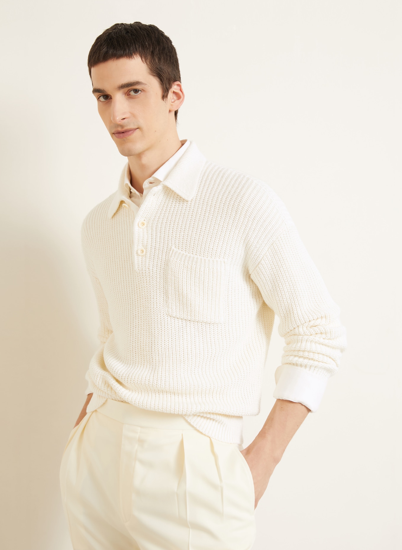 RALPH LAUREN PURPLE LABEL Dzianinowa koszulka polo z jedwabiu: KREMOWY